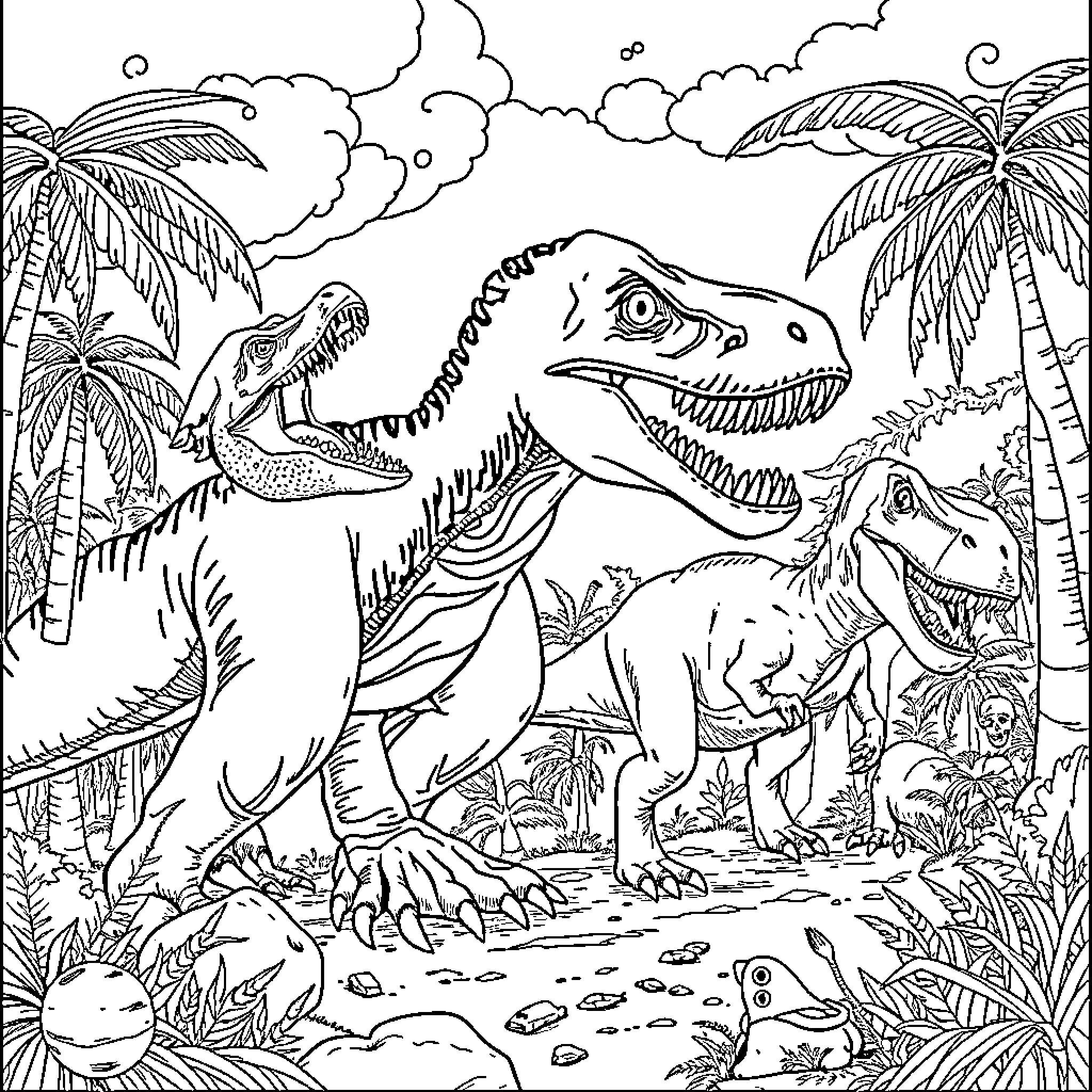 Jurassic Park Adventure with Ferocious Dinosaurs Coloring Page (free black-and-white line drawing printable PDF for all, from beginners to advanced learners, including children, teens, adults, and seniors)