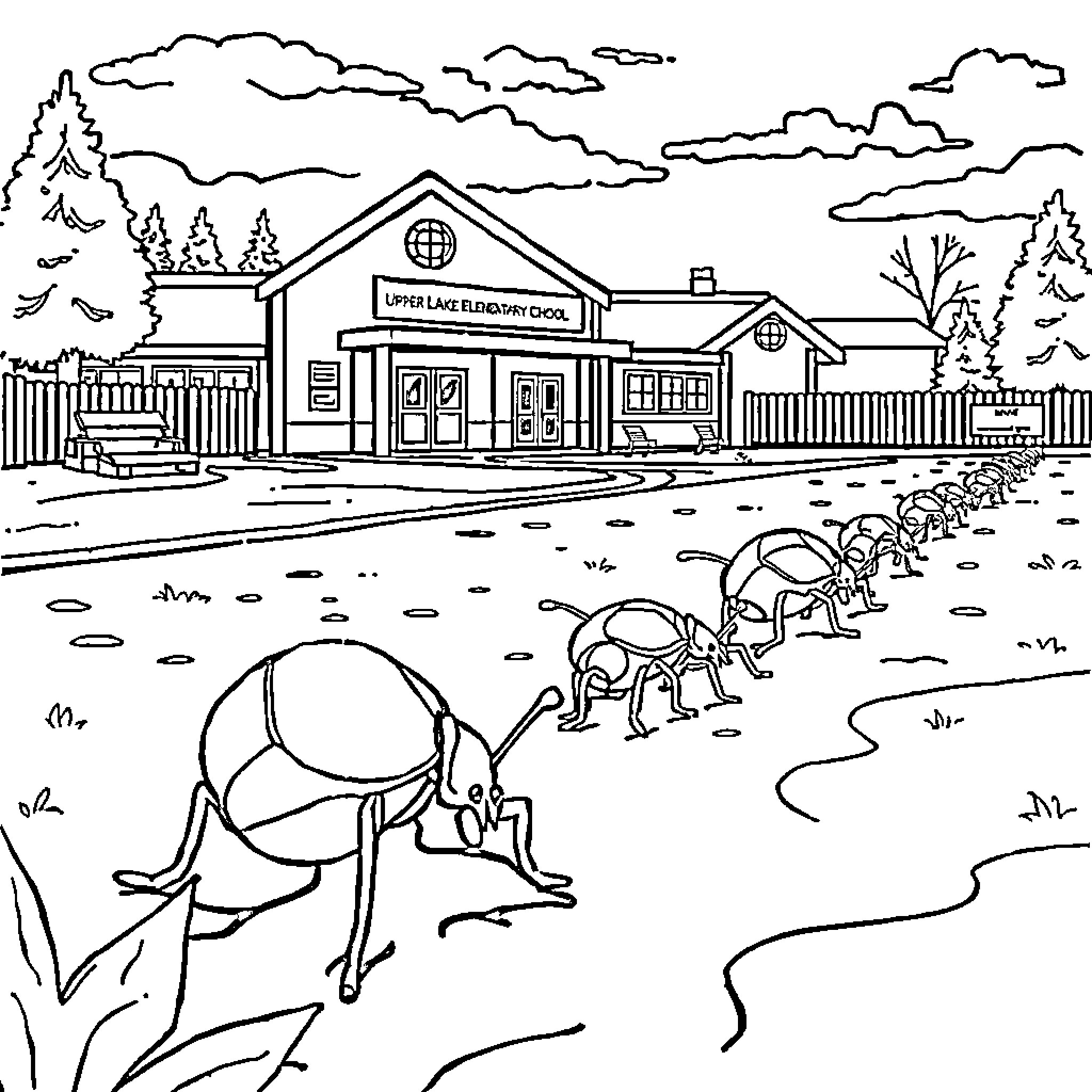 Insect colony marching towards school building Coloring Page (free black-and-white line drawing printable PDF for all, from beginners to advanced learners, including children, teens, adults, and seniors)