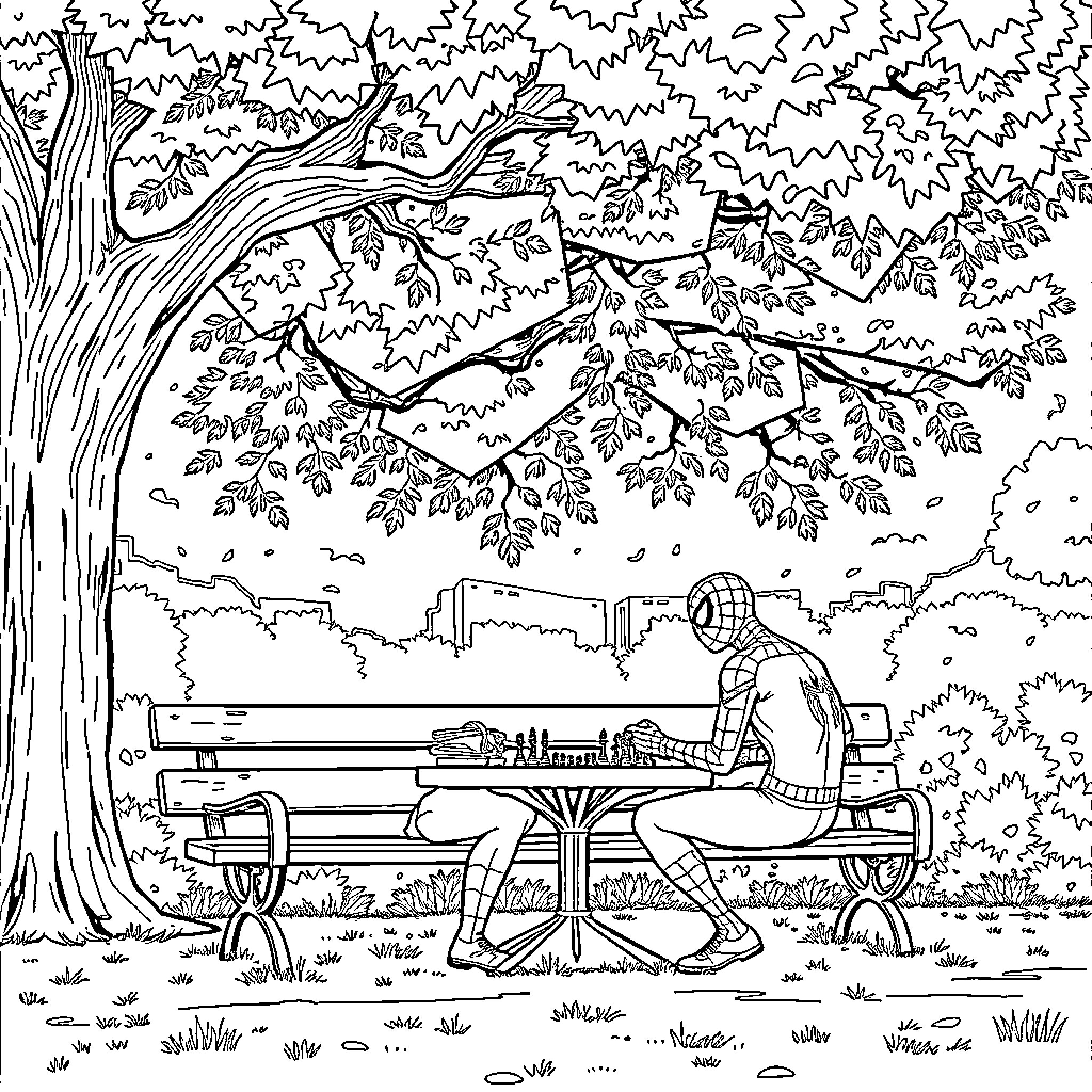 Spiderman relaxing on a park bench Coloring Page (free black-and-white line drawing printable PDF for all, from beginners to advanced learners, including children, teens, adults, and seniors)