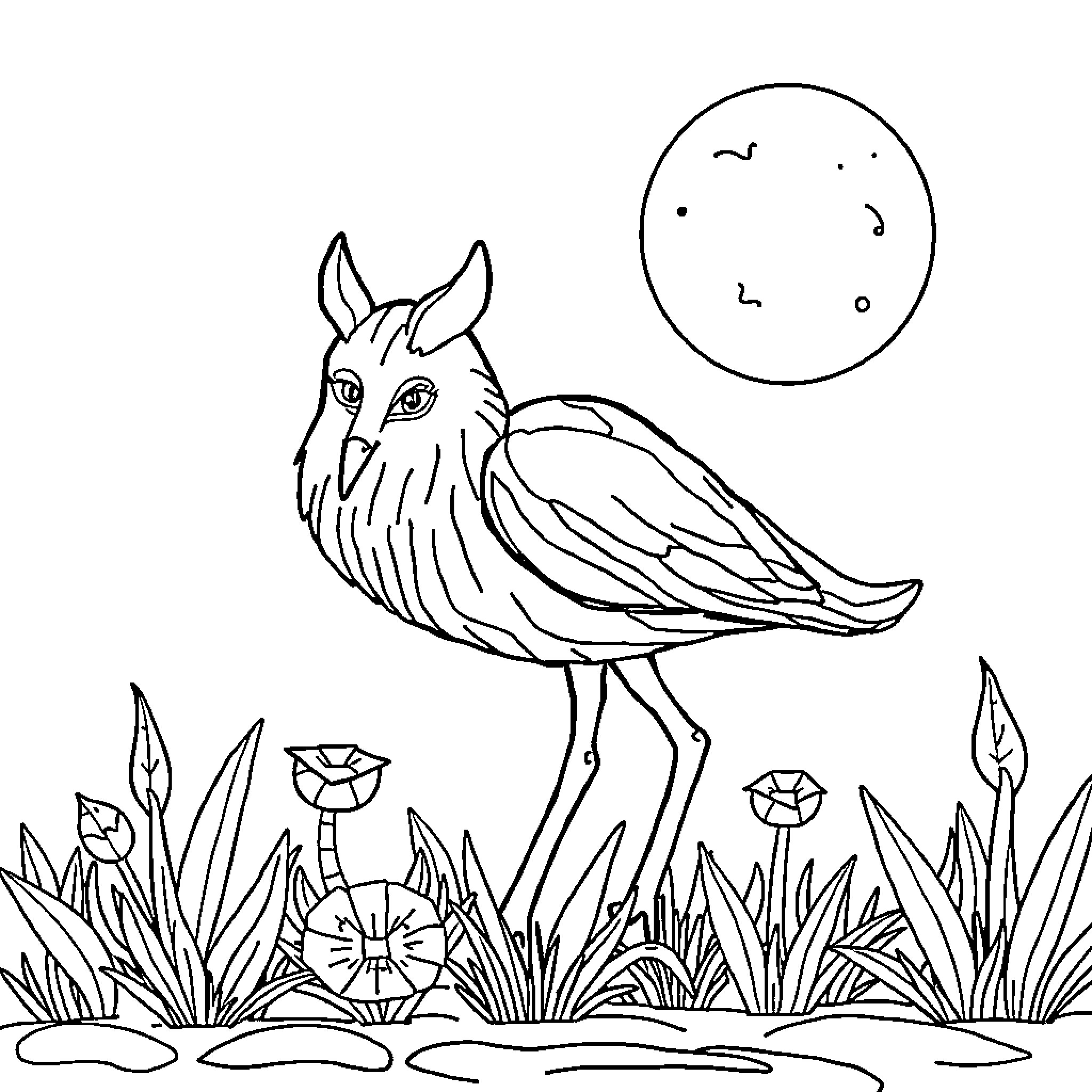 Book with Fantastical Bird in Magical Landscape Coloring Page (free black-and-white line drawing printable PDF for all, from beginners to advanced learners, including children, teens, adults, and seniors)