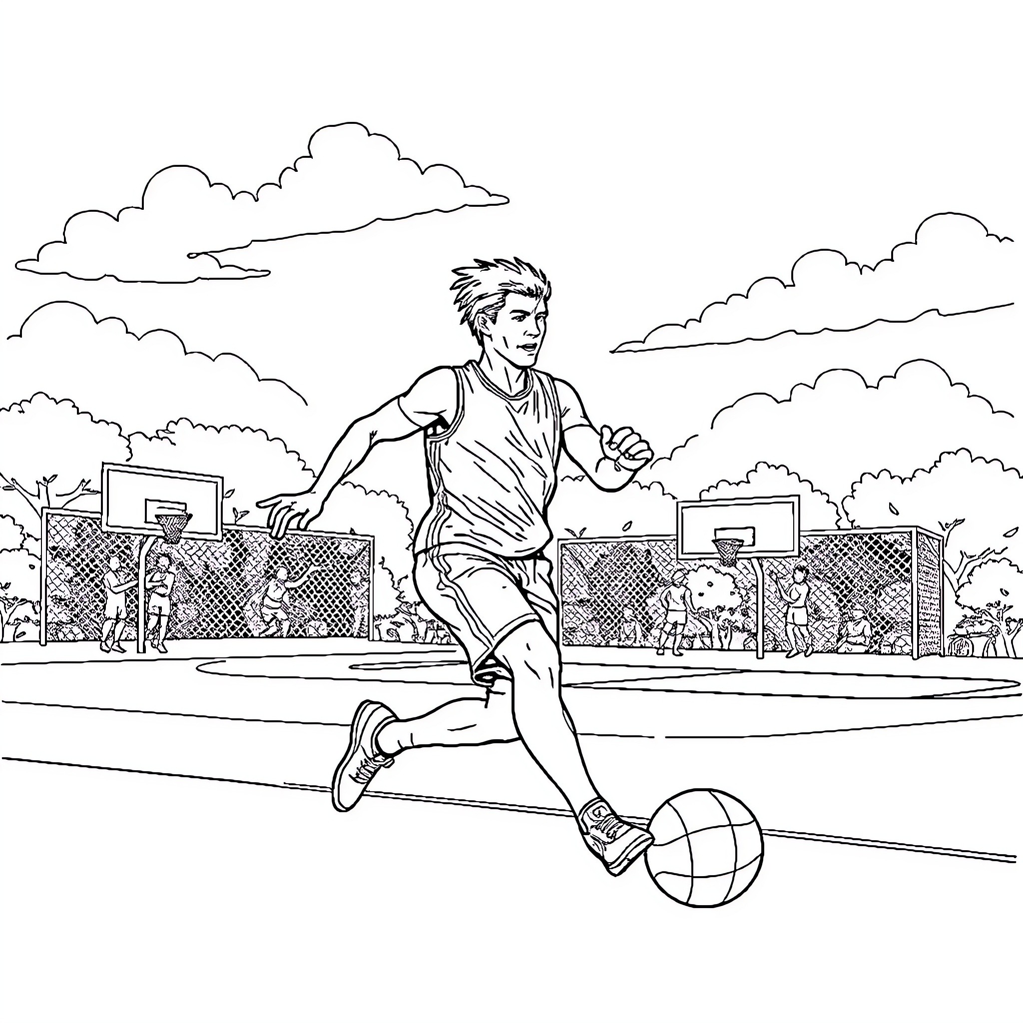 Basketball Player Dribbling the Ball on the Court Coloring Page (free black-and-white line drawing printable PDF for all, from beginners to advanced learners, including children, teens, adults, and seniors)