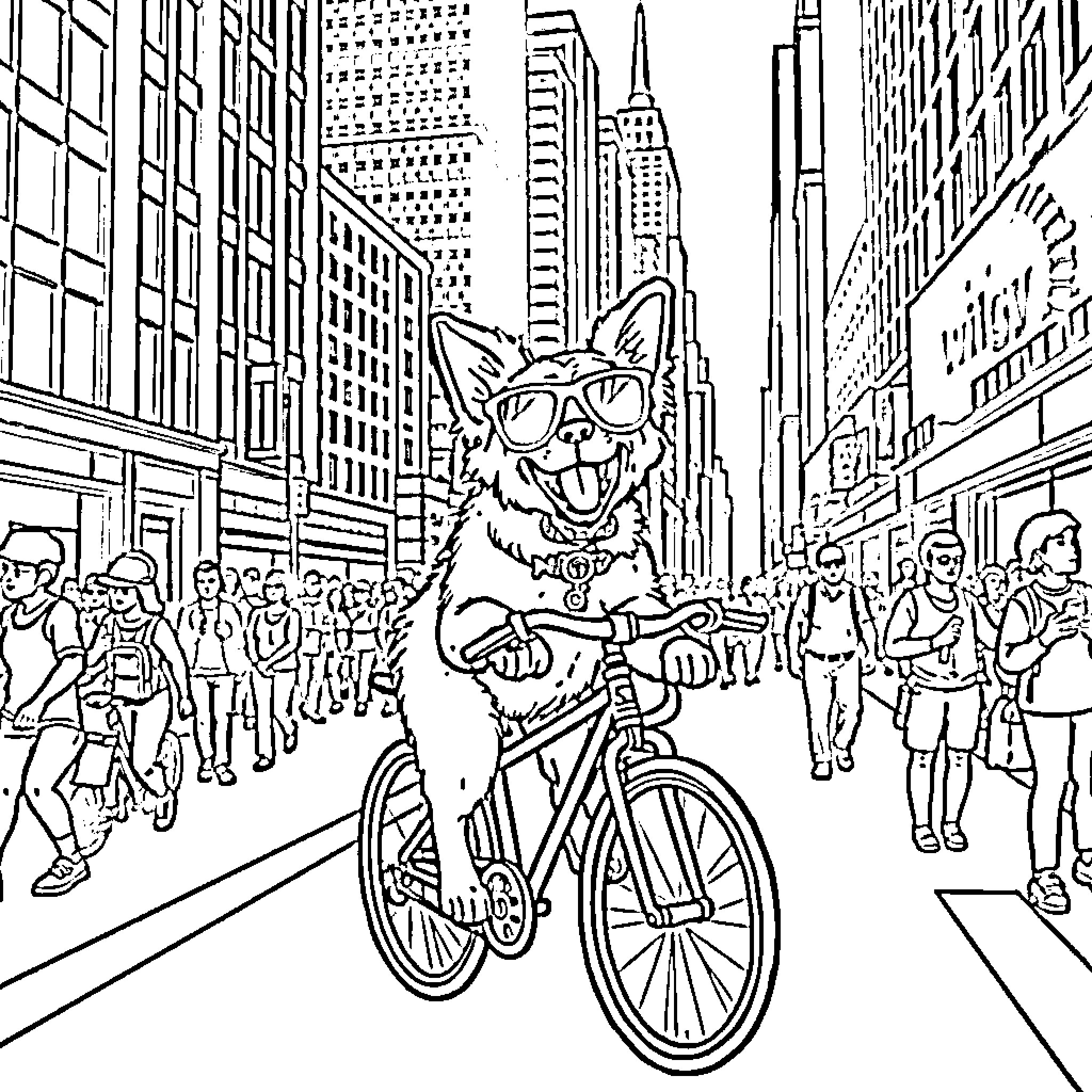 Dog riding a bicycle through a busy city street Coloring Page (free black-and-white line drawing printable PDF for all, from beginners to advanced learners, including children, teens, adults, and seniors)