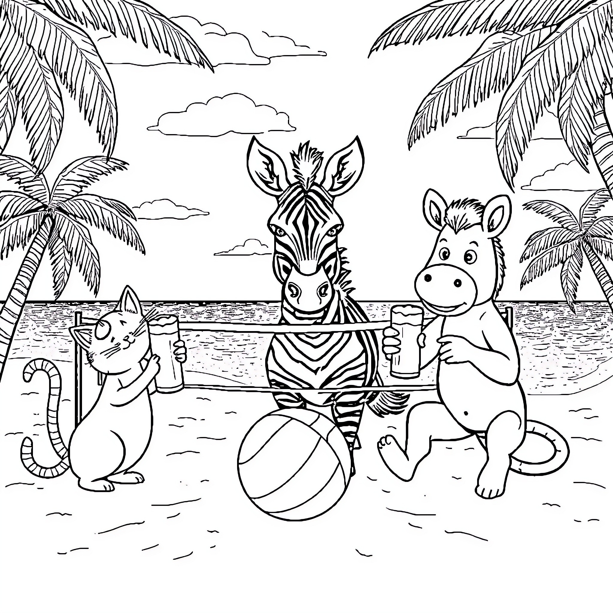 Cat and Zebra Enjoy Beach Day with Ball Coloring Page (free black-and-white line drawing printable PDF for all, from beginners to advanced learners, including children, teens, adults, and seniors)