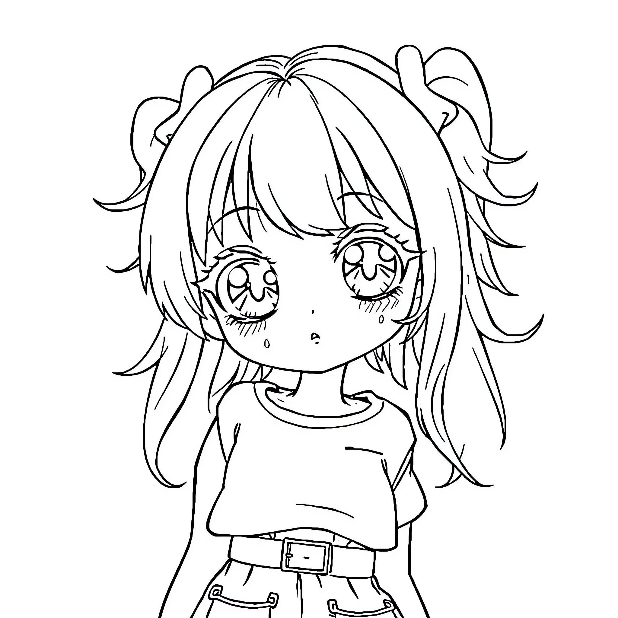Anime Girl with Expressive Features Coloring Page (free black-and-white line drawing printable PDF for all, from beginners to advanced learners, including children, teens, adults, and seniors)