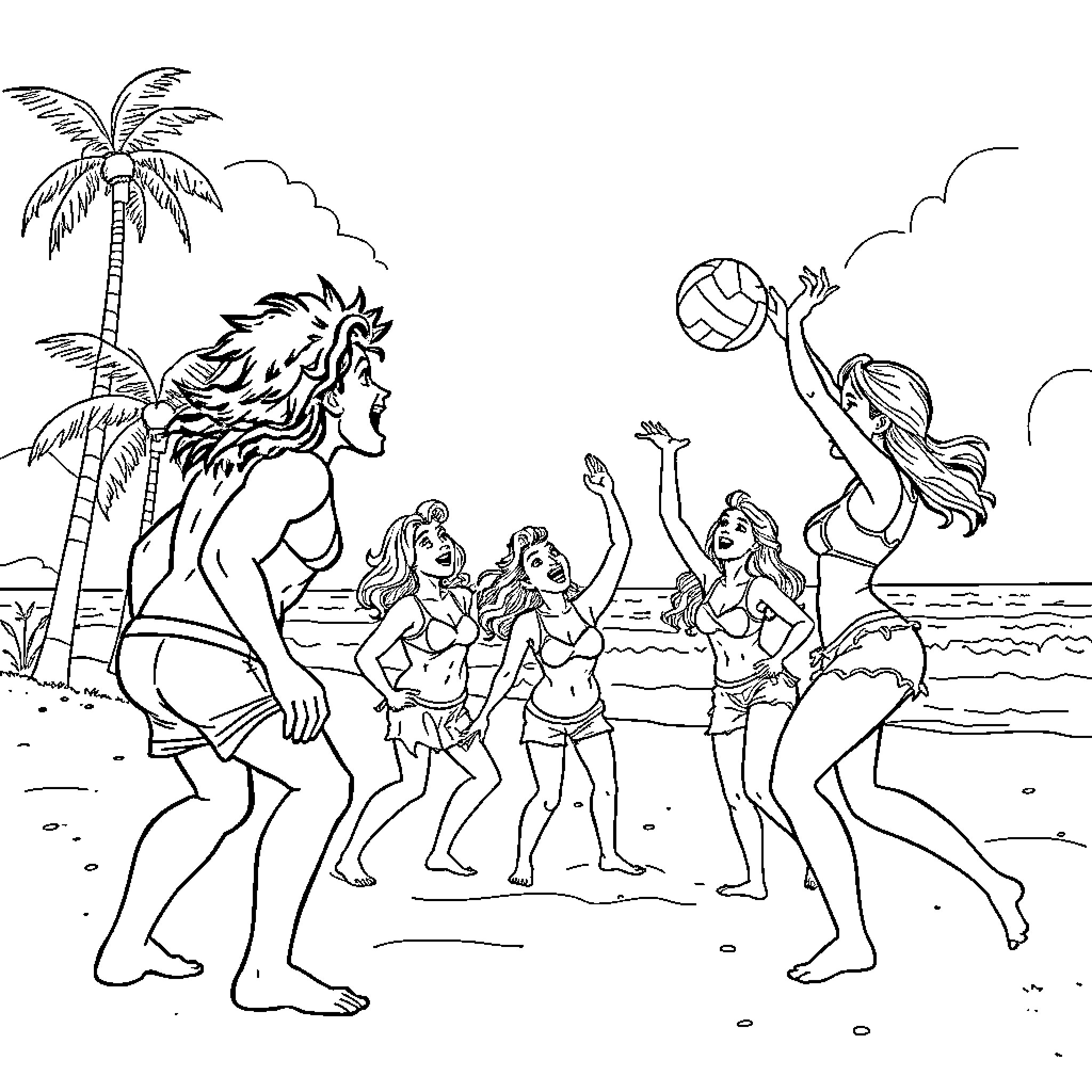 Cast of beach-goers enjoying their time Coloring Page (free black-and-white line drawing printable PDF for all, from beginners to advanced learners, including children, teens, adults, and seniors)