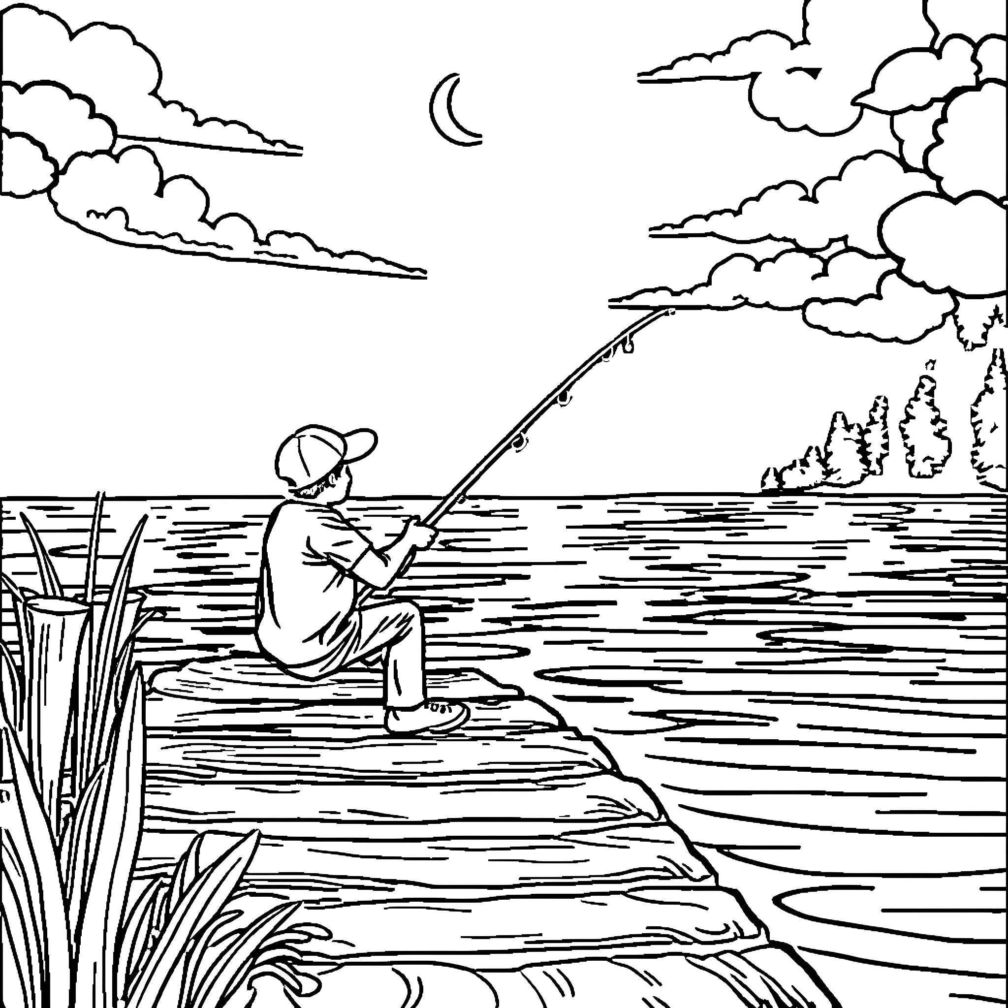 Fishing under the night sky Coloring Page (free black-and-white line drawing printable PDF for all, from beginners to advanced learners, including children, teens, adults, and seniors)