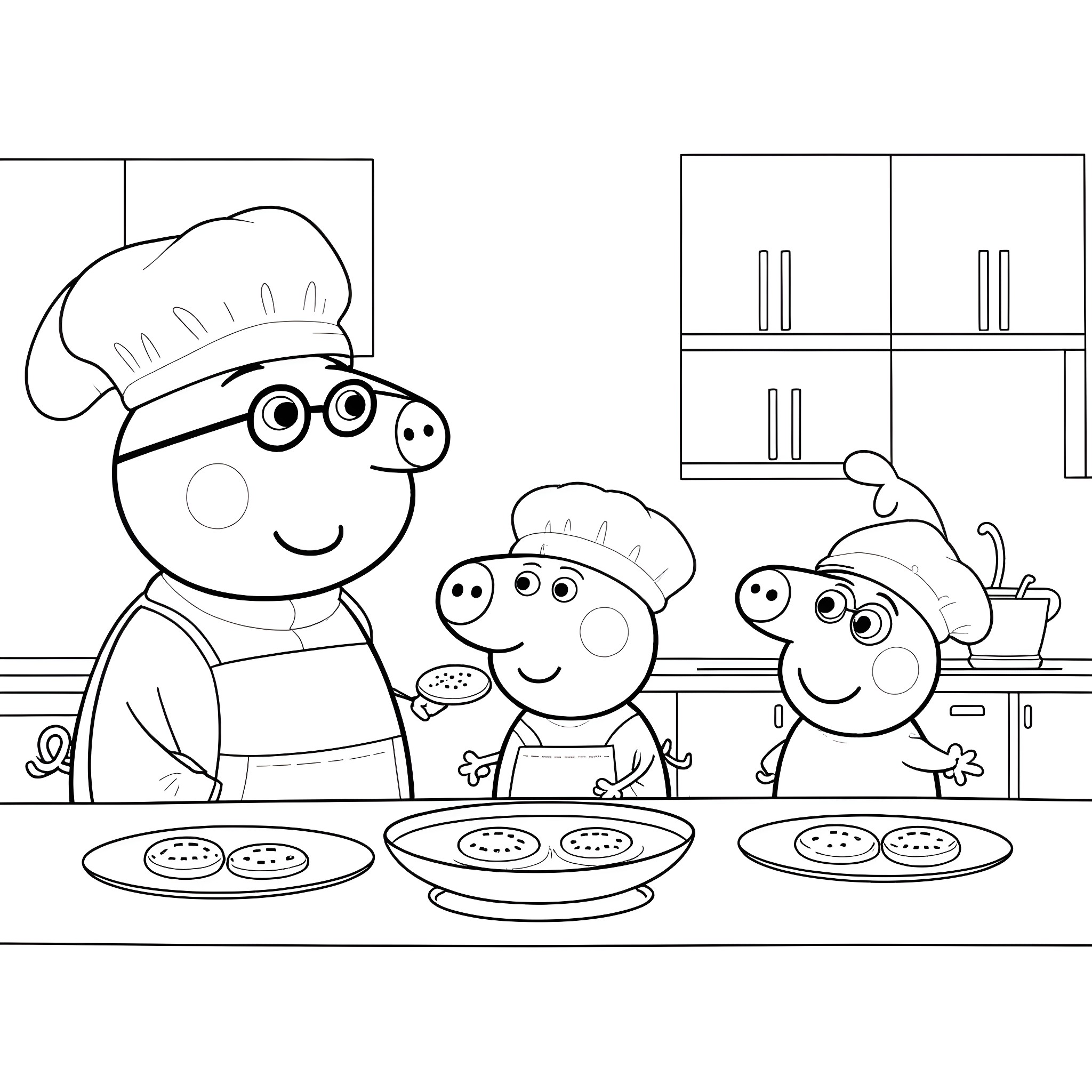 Peppa Pig Family Cooking Together in the Kitchen Coloring Page (free black-and-white line drawing printable PDF for all, from beginners to advanced learners, including children, teens, adults, and seniors)