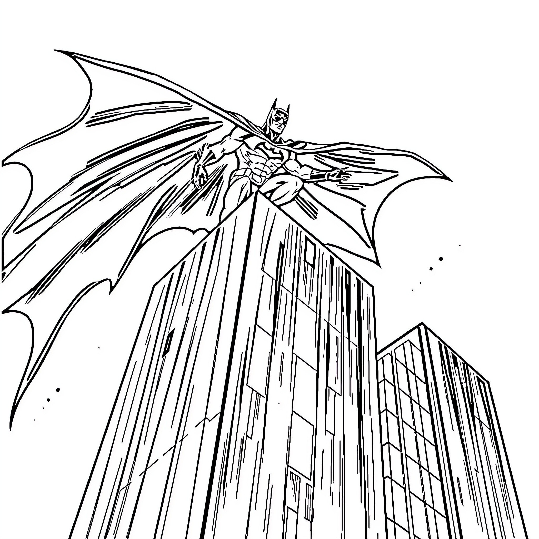 Batman soaring over city skyline Coloring Page (free black-and-white line drawing printable PDF for all, from beginners to advanced learners, including children, teens, adults, and seniors)
