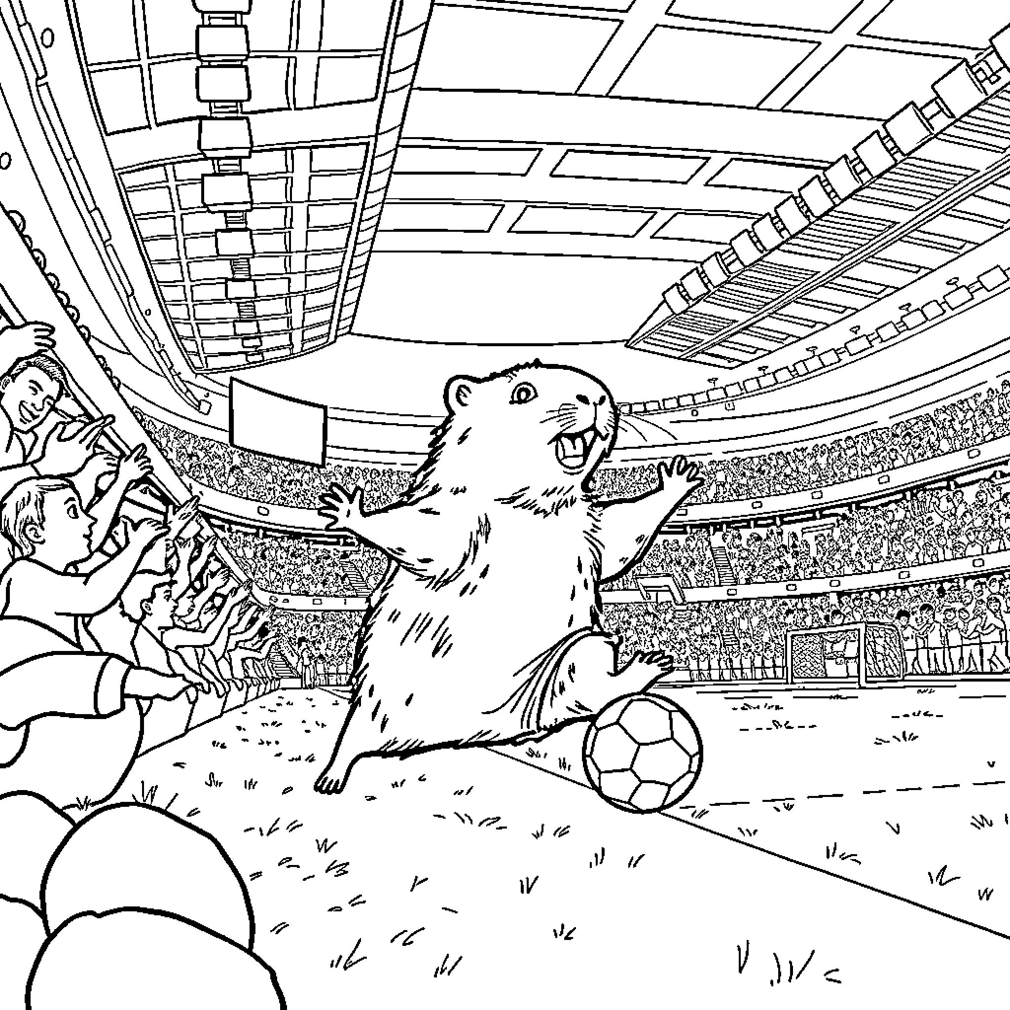 Capybara playing soccer in the stadium Coloring Page (free black-and-white line drawing printable PDF for all, from beginners to advanced learners, including children, teens, adults, and seniors)
