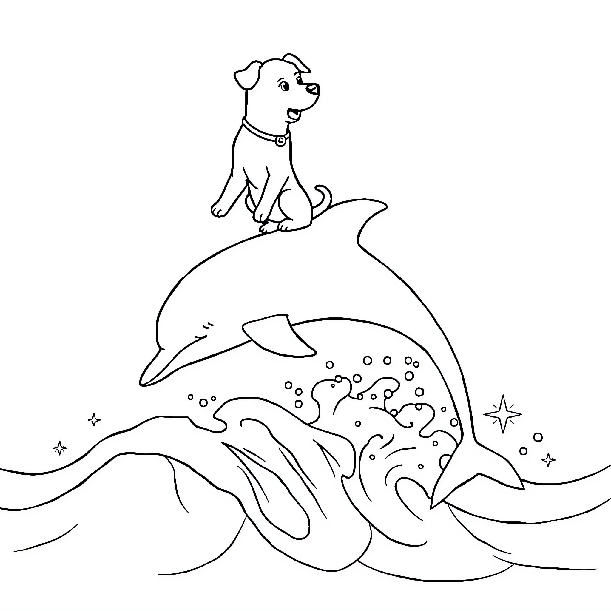 Dog and Dolphin Enjoying the Waves Coloring Page (free black-and-white line drawing printable PDF for all, from beginners to advanced learners, including children, teens, adults, and seniors)