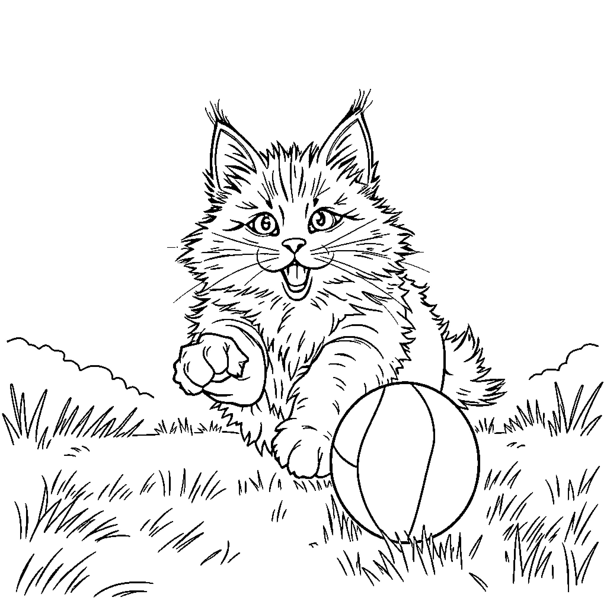 Cat playing with ball in grassy field Coloring Page (free black-and-white line drawing printable PDF for all, from beginners to advanced learners, including children, teens, adults, and seniors)