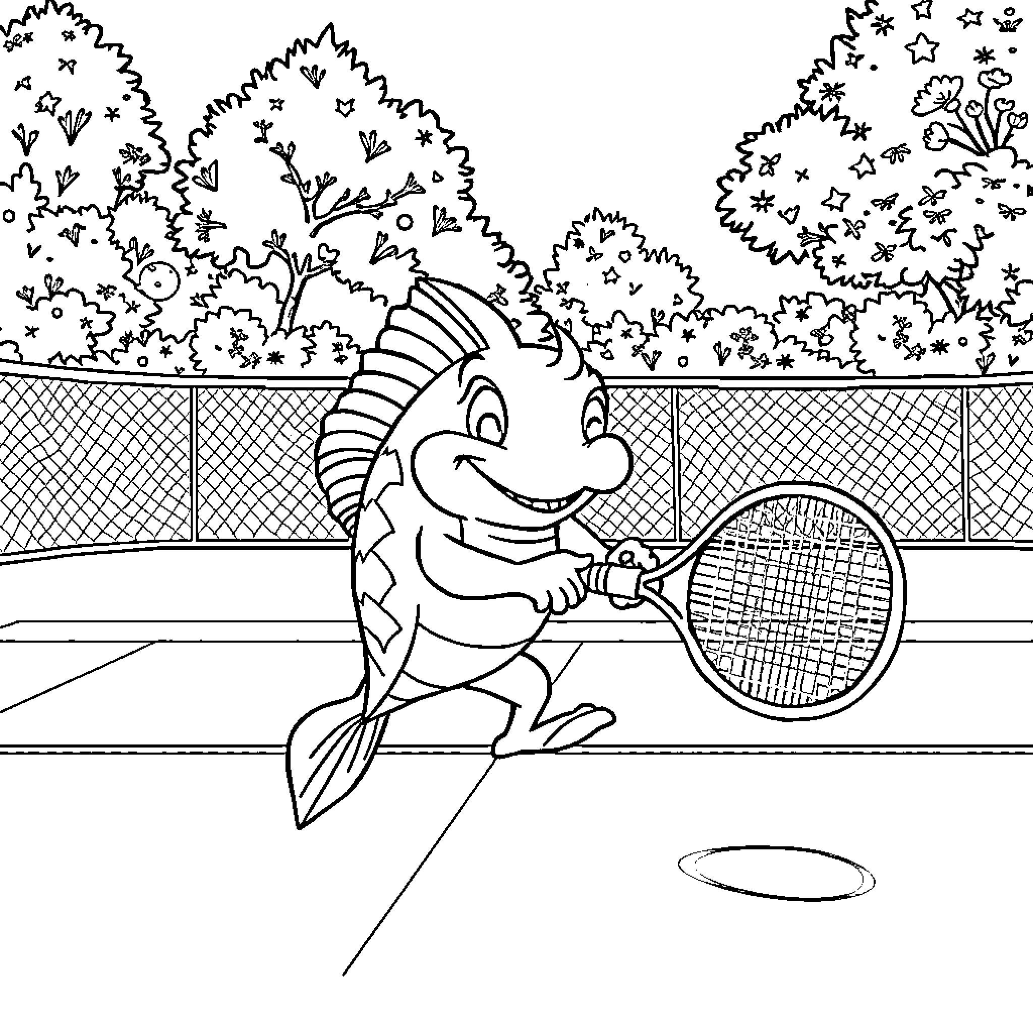 Poisson playing tennis on the court Coloring Page (free black-and-white line drawing printable PDF for all, from beginners to advanced learners, including children, teens, adults, and seniors)
