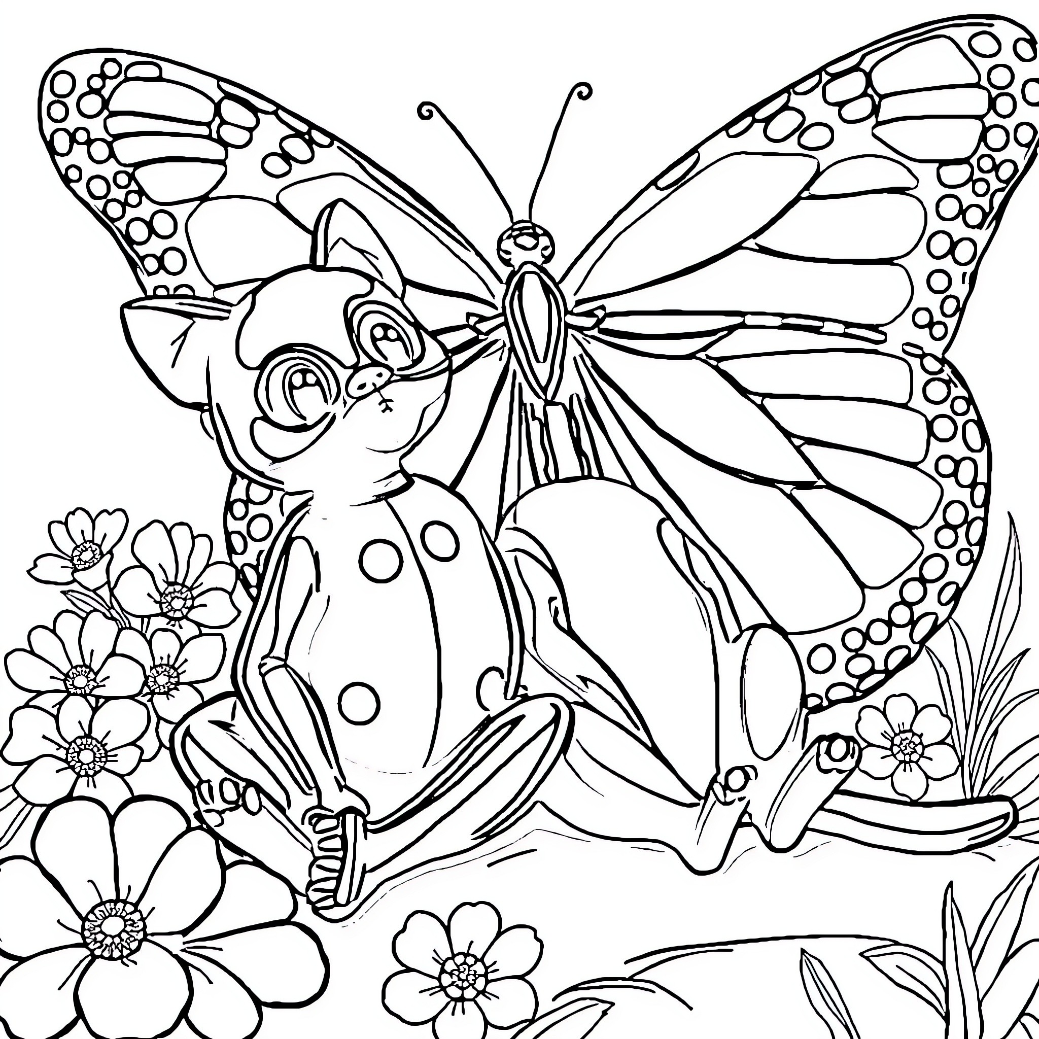 Ladybug exploring colorful butterfly and flowers Coloring Page (free black-and-white line drawing printable PDF for all, from beginners to advanced learners, including children, teens, adults, and seniors)