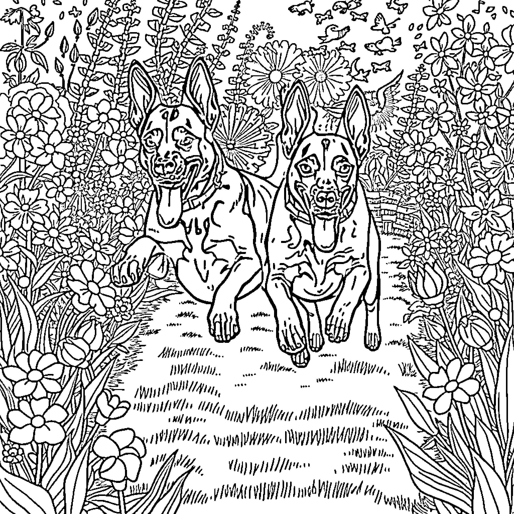 Belgian Malinois shepherds in a floral meadow Coloring Page (free black-and-white line drawing printable PDF for all, from beginners to advanced learners, including children, teens, adults, and seniors)