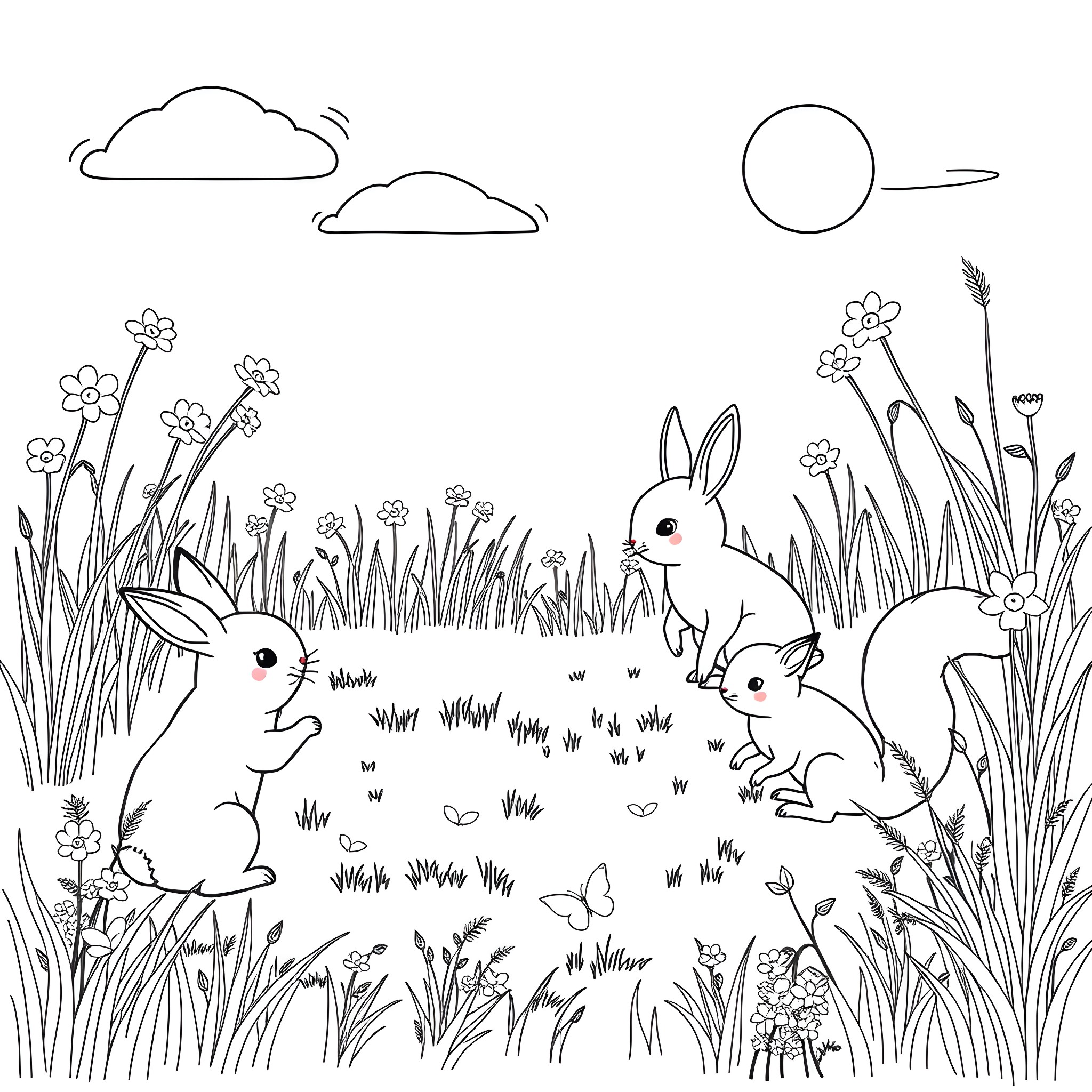 Animal rabbits playing in the meadow Coloring Page (free black-and-white line drawing printable PDF for all, from beginners to advanced learners, including children, teens, adults, and seniors)