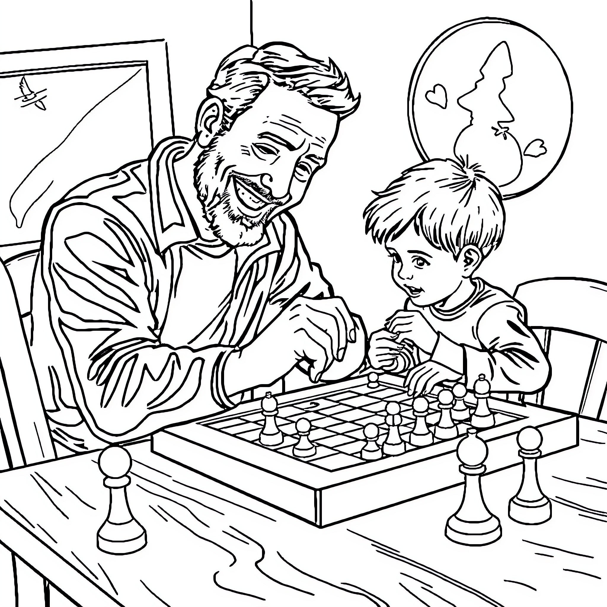 Father and Son Playing Chess Affectionately Coloring Page (free black-and-white line drawing printable PDF for all, from beginners to advanced learners, including children, teens, adults, and seniors)