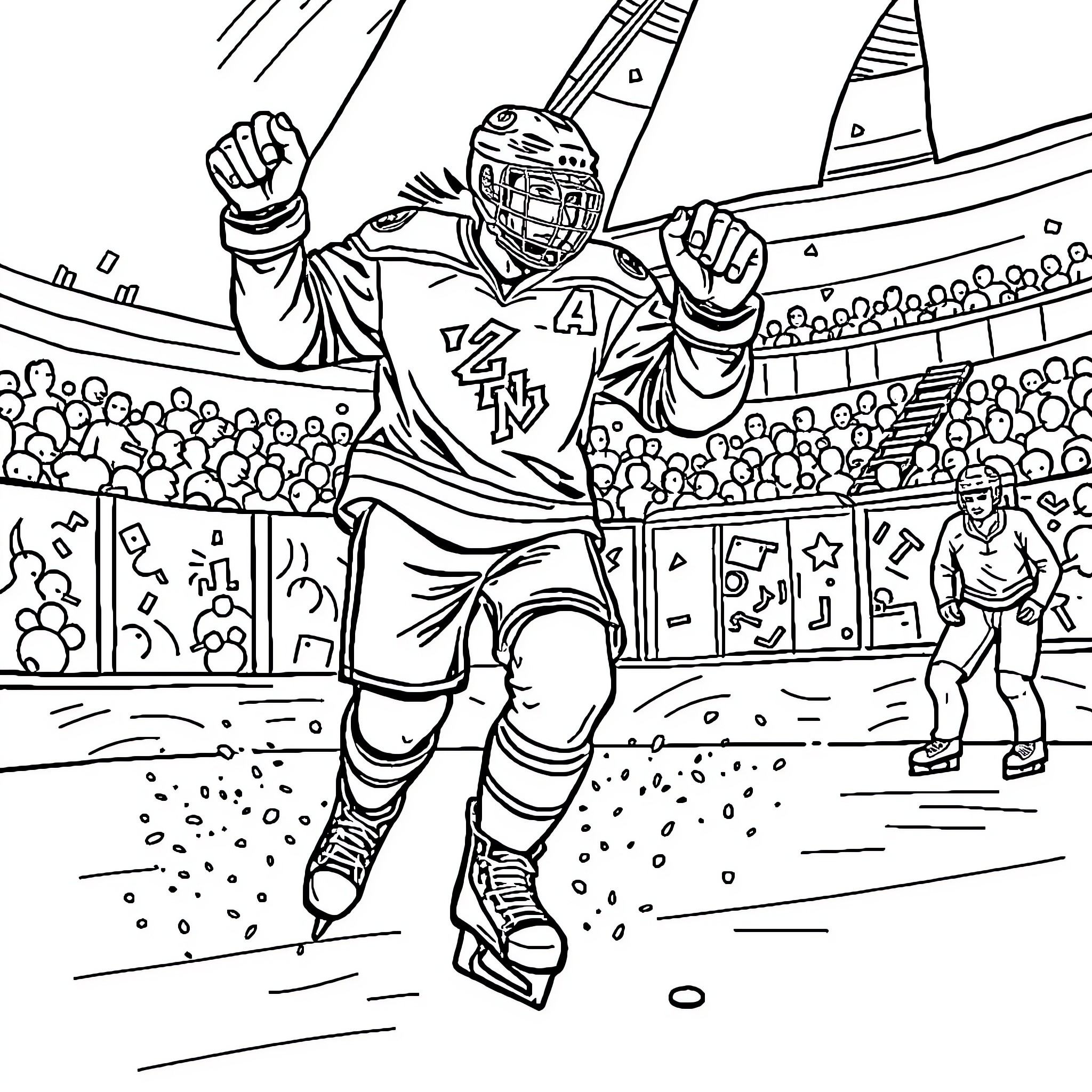 Hockey Player Celebrating Victory on the Ice Rink Coloring Page (free black-and-white line drawing printable PDF for all, from beginners to advanced learners, including children, teens, adults, and seniors)