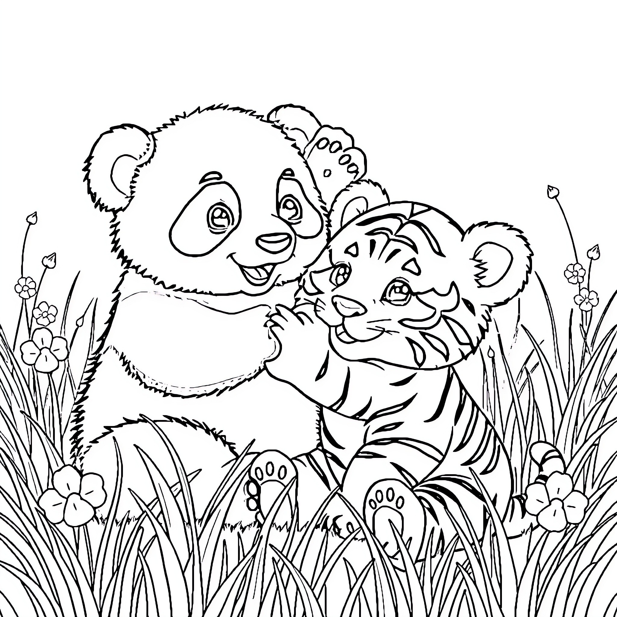 Panda and Cub Playfully Exploring Nature Coloring Page (free black-and-white line drawing printable PDF for all, from beginners to advanced learners, including children, teens, adults, and seniors)