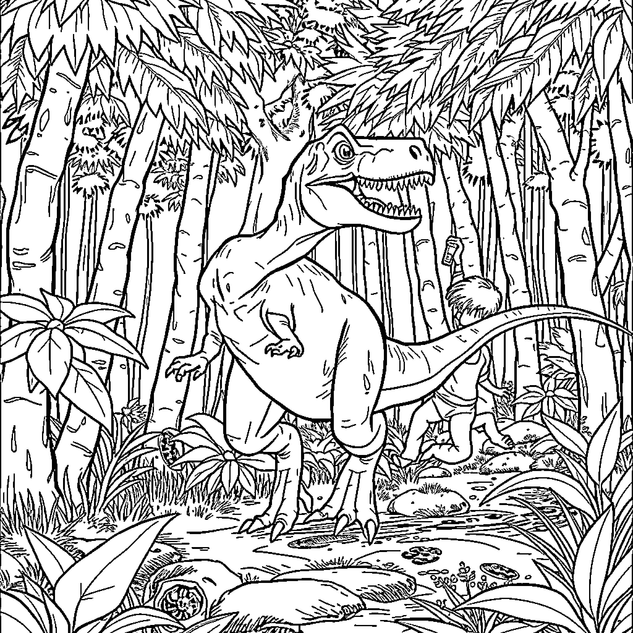 Velociraptor hunting in the prehistoric jungle Coloring Page (free black-and-white line drawing printable PDF for all, from beginners to advanced learners, including children, teens, adults, and seniors)