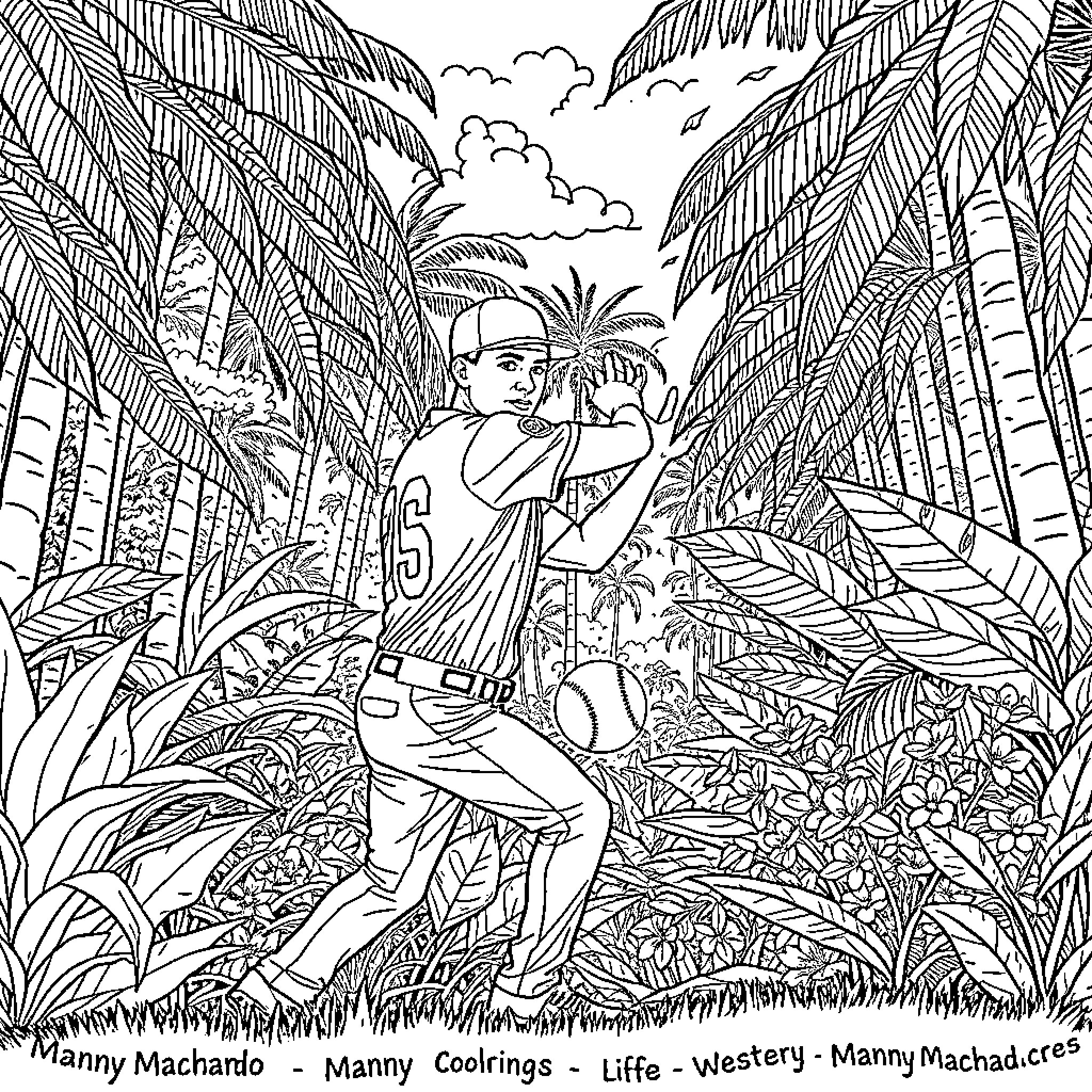 Manny Machado - Exploring the Jungle Terrain Coloring Page (free black-and-white line drawing printable PDF for all, from beginners to advanced learners, including children, teens, adults, and seniors)