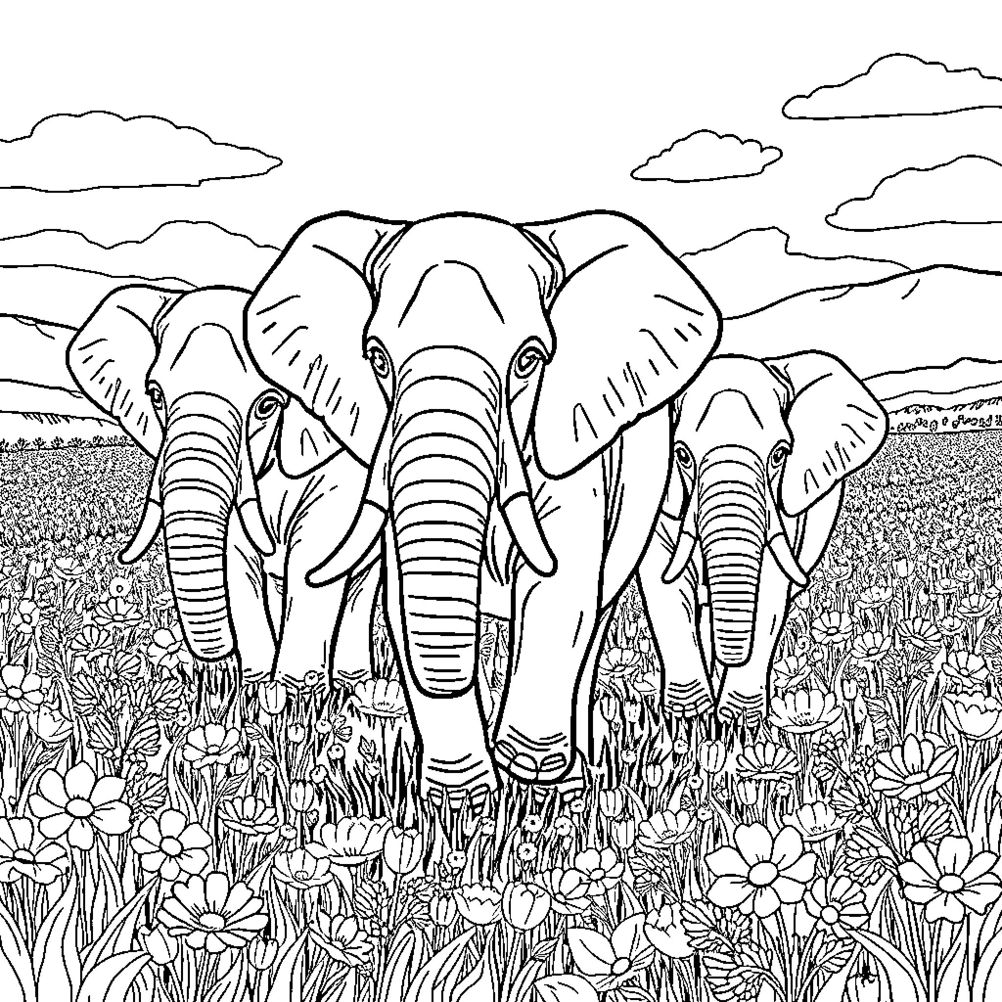 Elephant herd roaming through a meadow filled with flowers Coloring Page (free black-and-white line drawing printable PDF for all, from beginners to advanced learners, including children, teens, adults, and seniors)