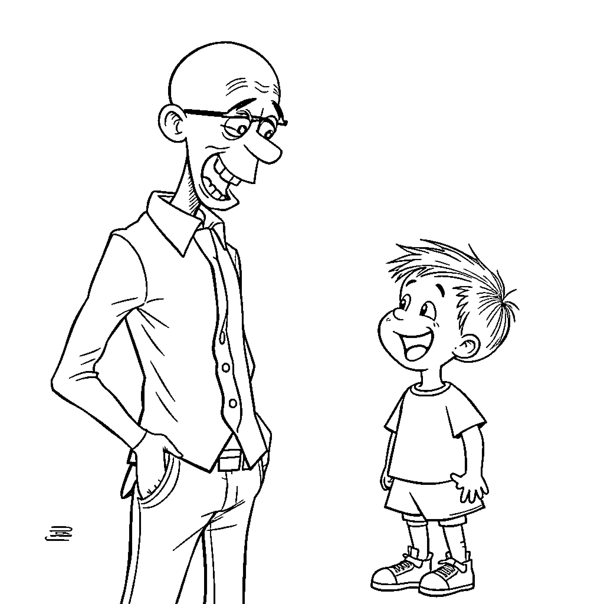 Teacher guiding smiling student in classroom Coloring Page (free black-and-white line drawing printable PDF for all, from beginners to advanced learners, including children, teens, adults, and seniors)
