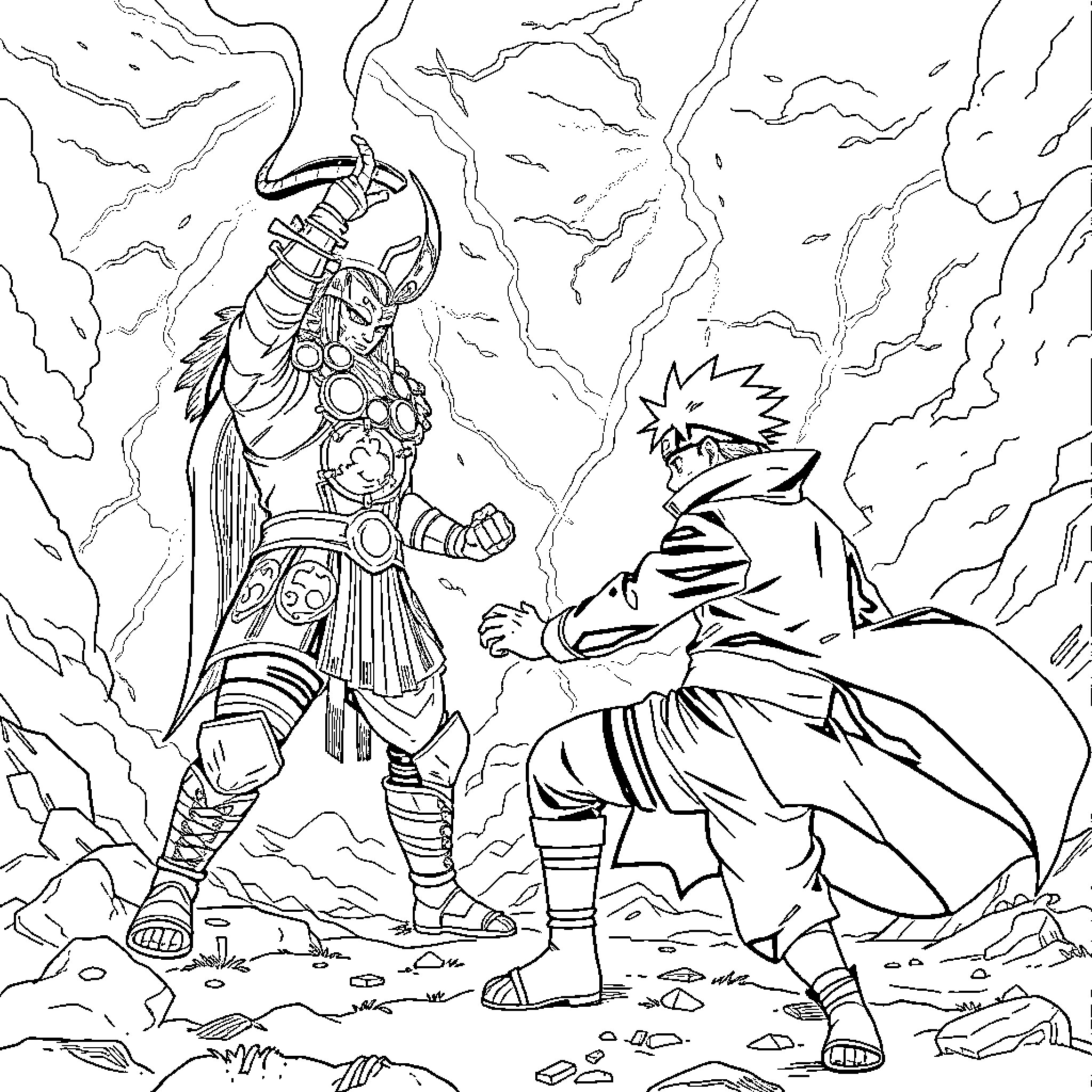 Naruto and Sasuke in Epic Battle Coloring Page (free black-and-white line drawing printable PDF for all, from beginners to advanced learners, including children, teens, adults, and seniors)