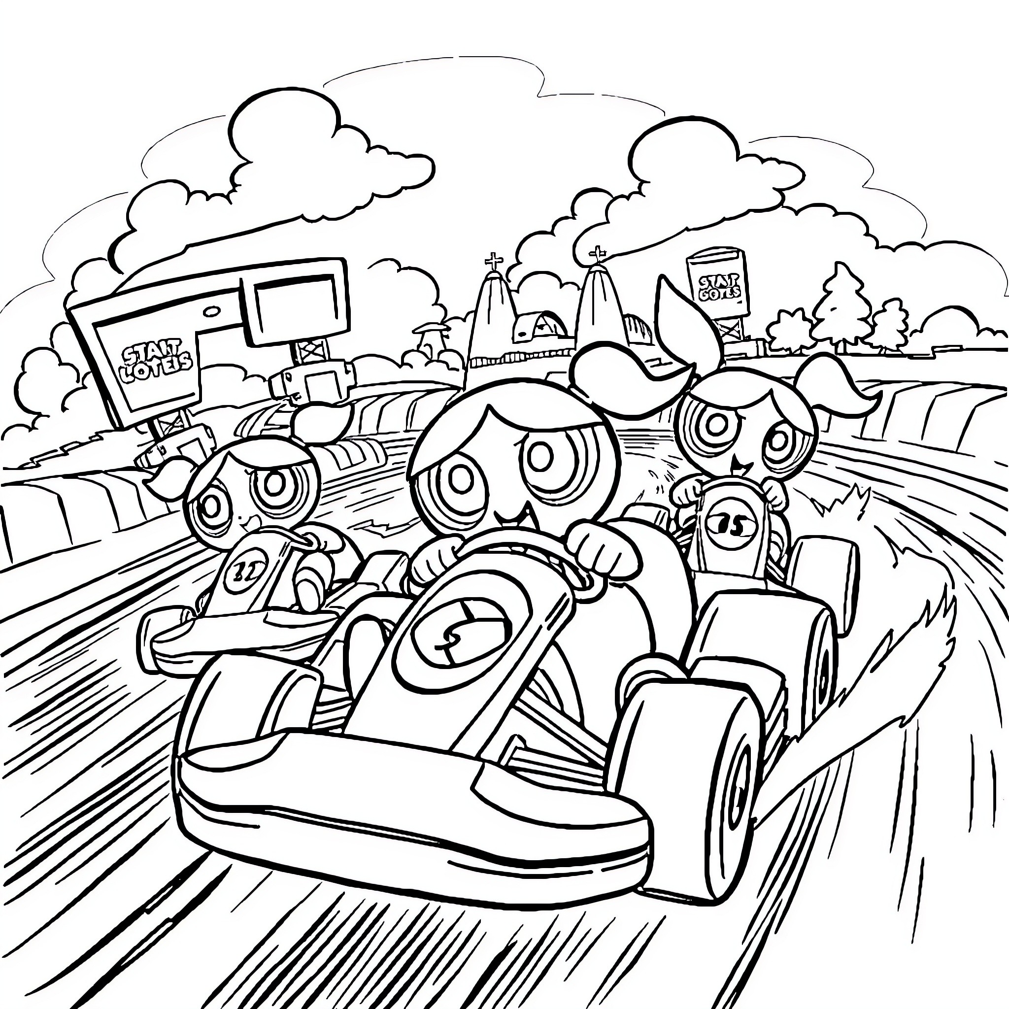 Powerpuff Girls racing in fast cars through city streets Coloring Page (free black-and-white line drawing printable PDF for all, from beginners to advanced learners, including children, teens, adults, and seniors)