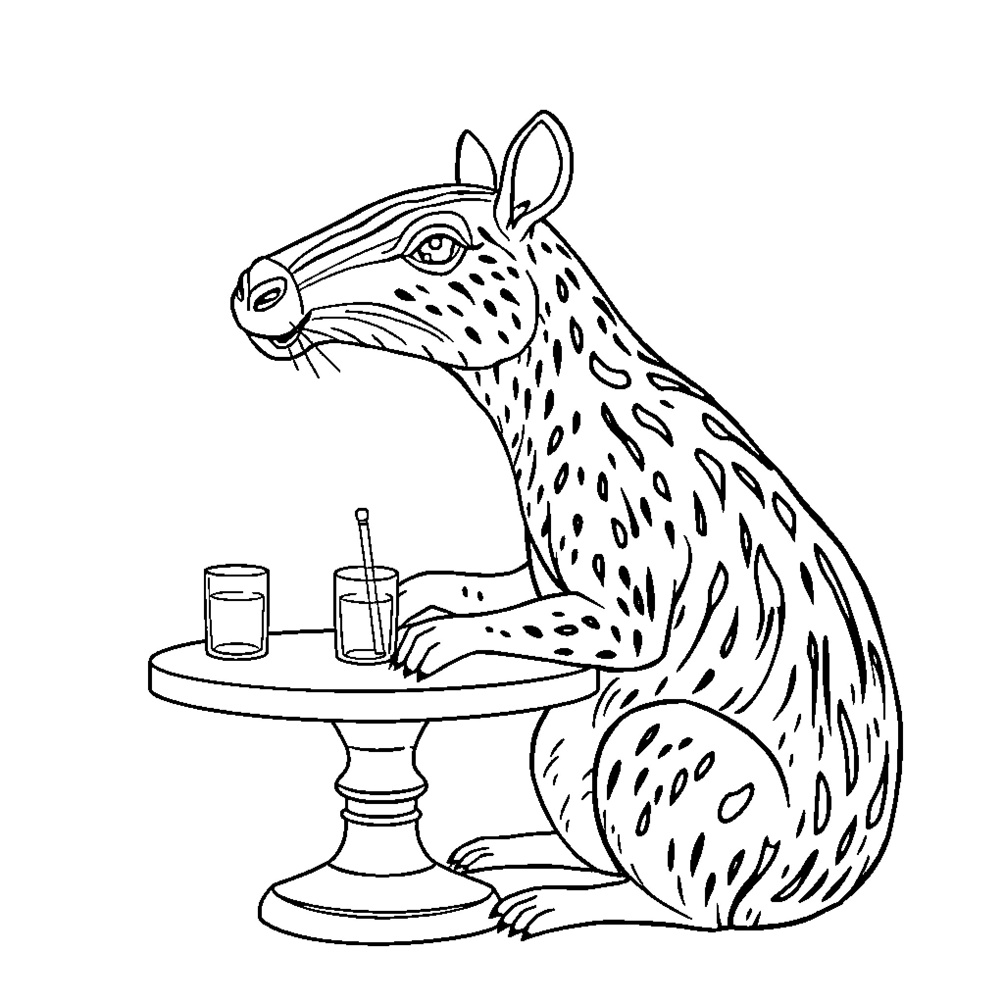 Capybara enjoying drinks at a cafe Coloring Page (free black-and-white line drawing printable PDF for all, from beginners to advanced learners, including children, teens, adults, and seniors)
