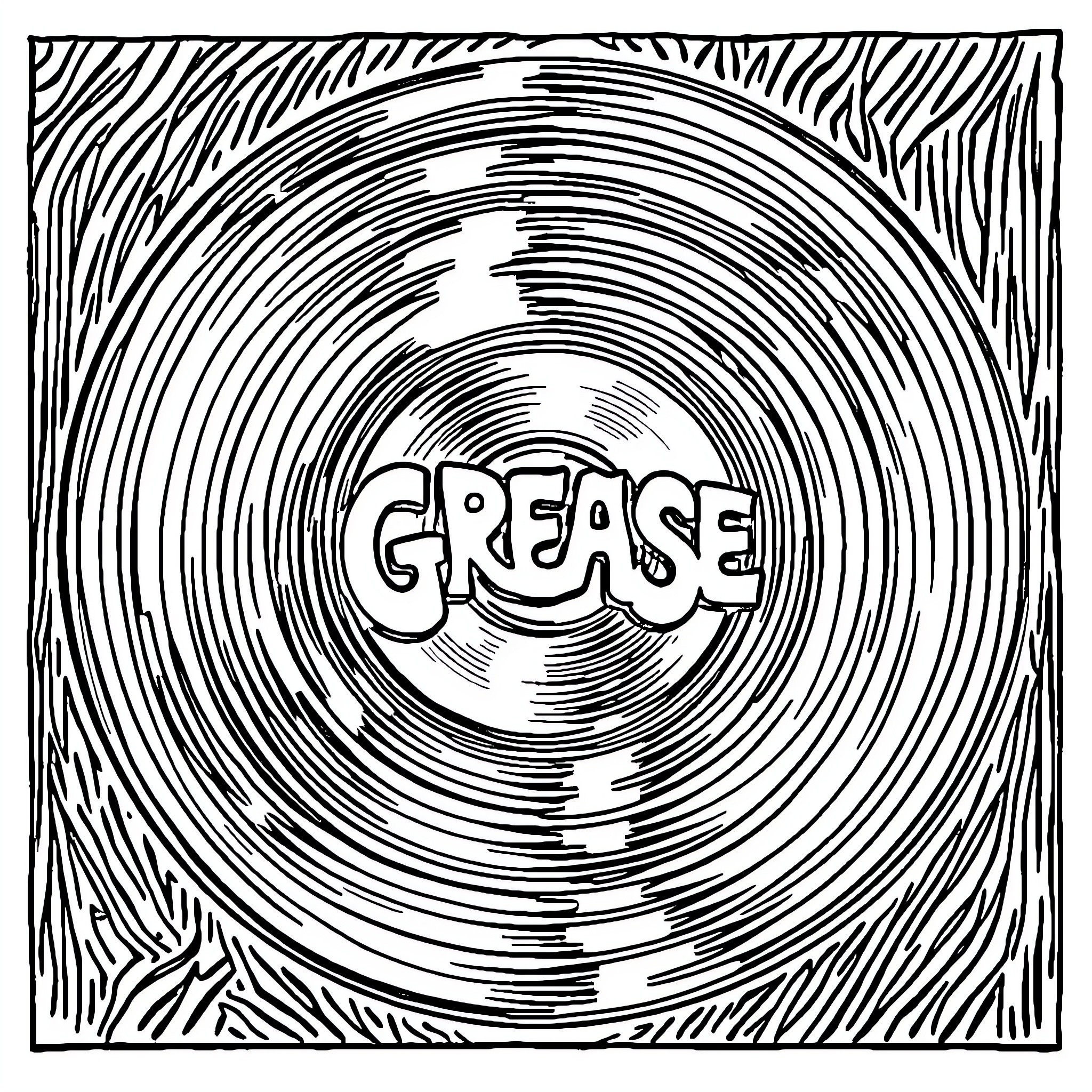 Vinyl Grease Records Coloring Page (free black-and-white line drawing printable PDF for all, from beginners to advanced learners, including children, teens, adults, and seniors)