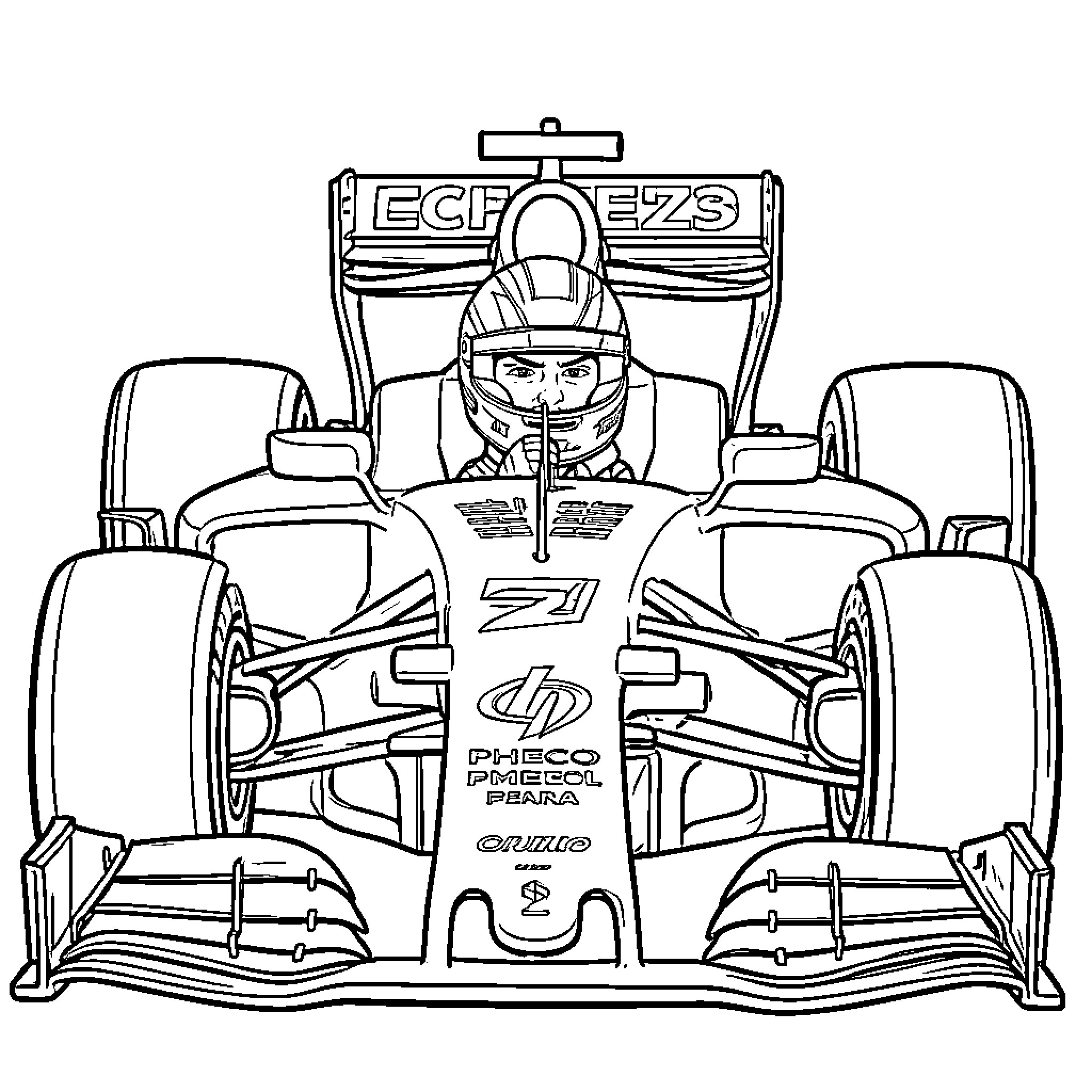 Checo Pérez driving a racing car intensely Coloring Page (free black-and-white line drawing printable PDF for all, from beginners to advanced learners, including children, teens, adults, and seniors)