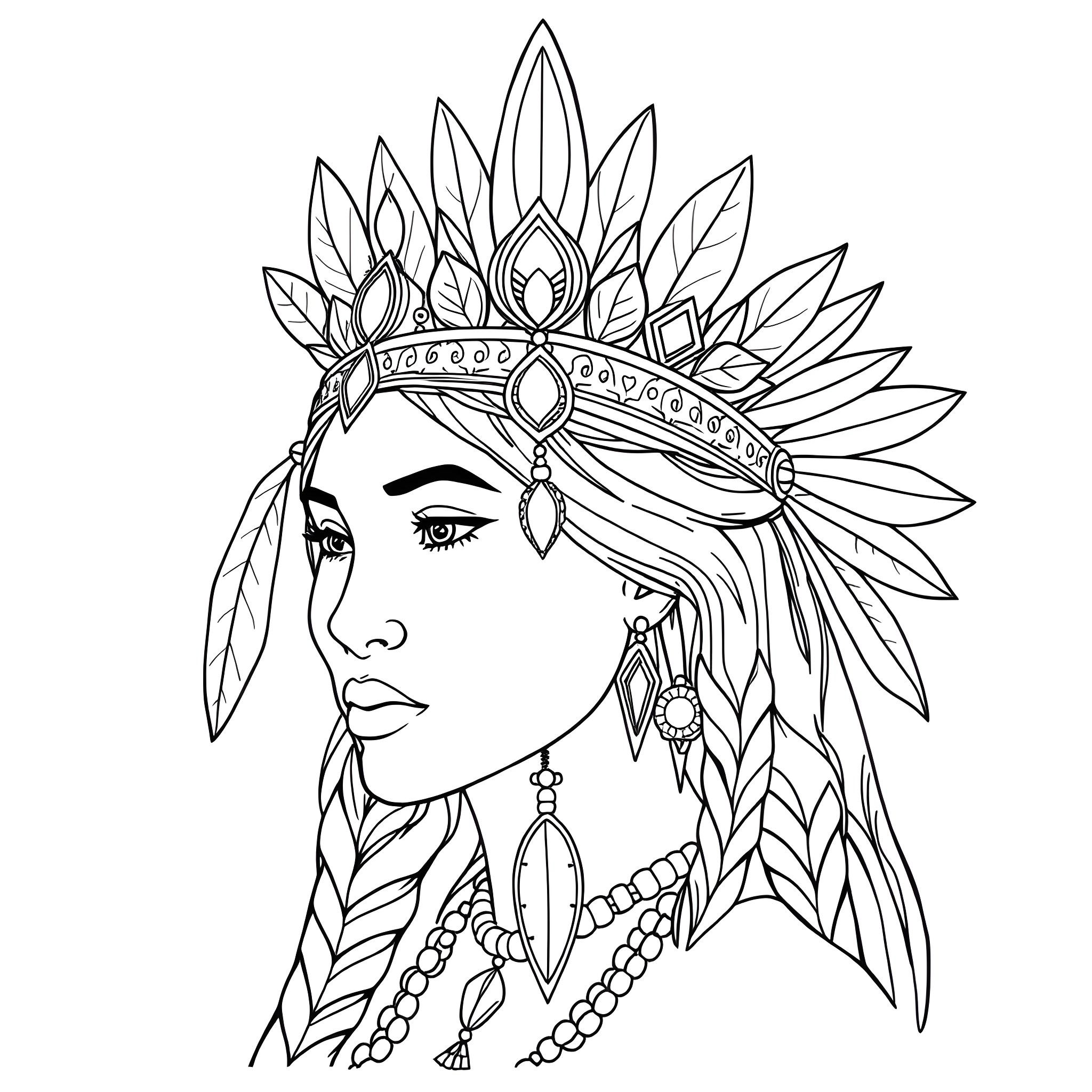 Pocahontas in traditional Native American headdress Coloring Page (free black-and-white line drawing printable PDF for all, from beginners to advanced learners, including children, teens, adults, and seniors)