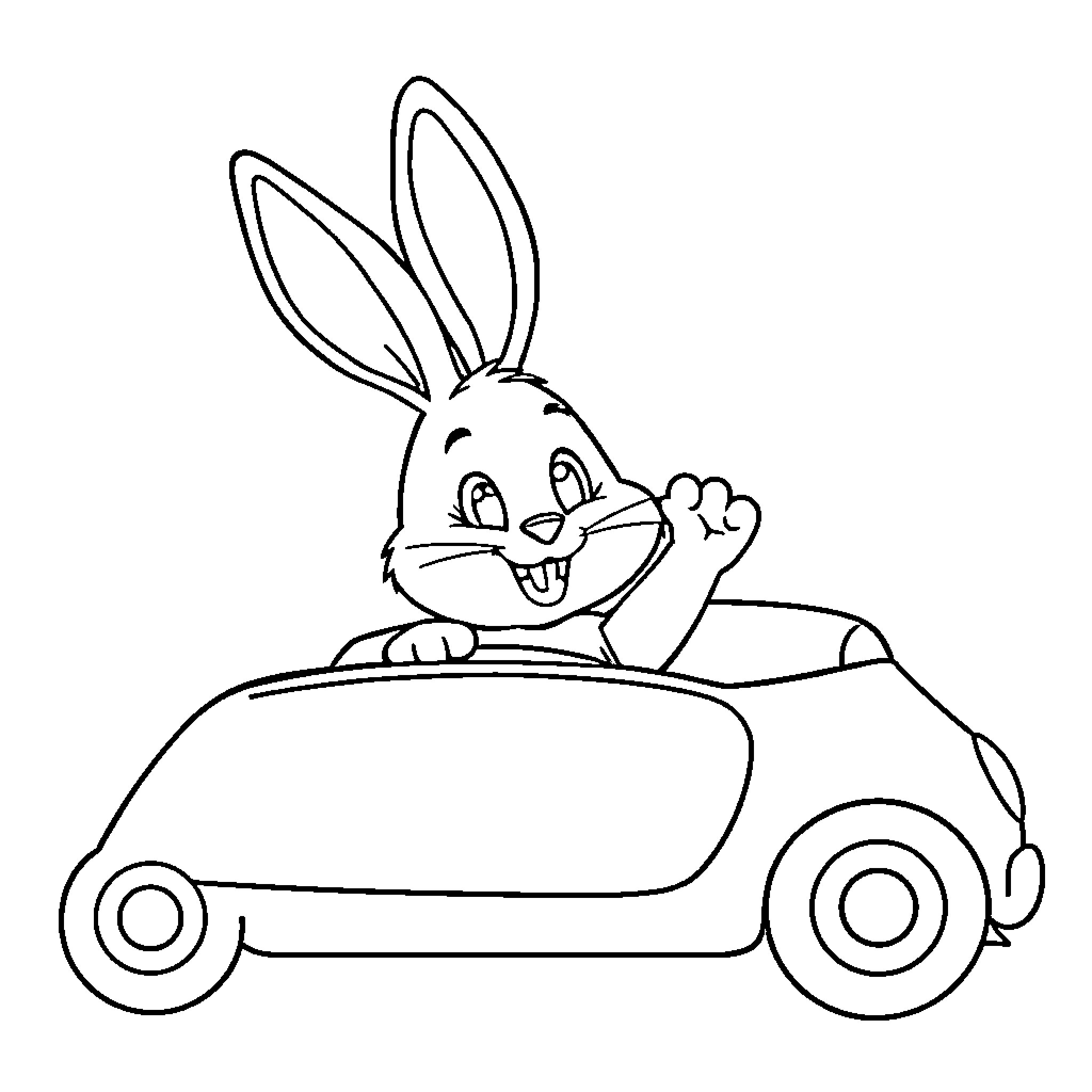 Bunny driving a playful car Coloring Page (free black-and-white line drawing printable PDF for all, from beginners to advanced learners, including children, teens, adults, and seniors)