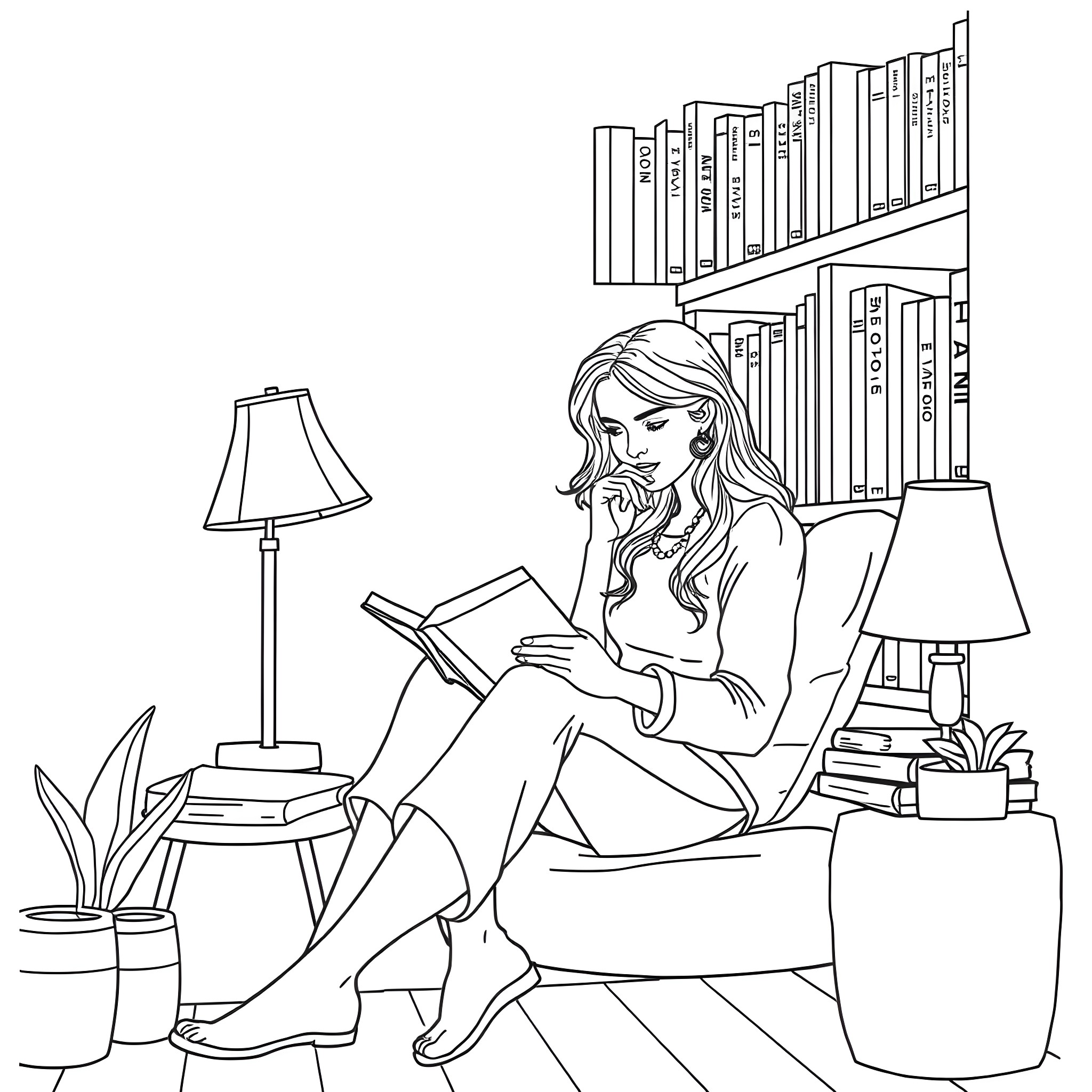 Woman reading a book in a cozy library setting Coloring Page (free black-and-white line drawing printable PDF for all, from beginners to advanced learners, including children, teens, adults, and seniors)
