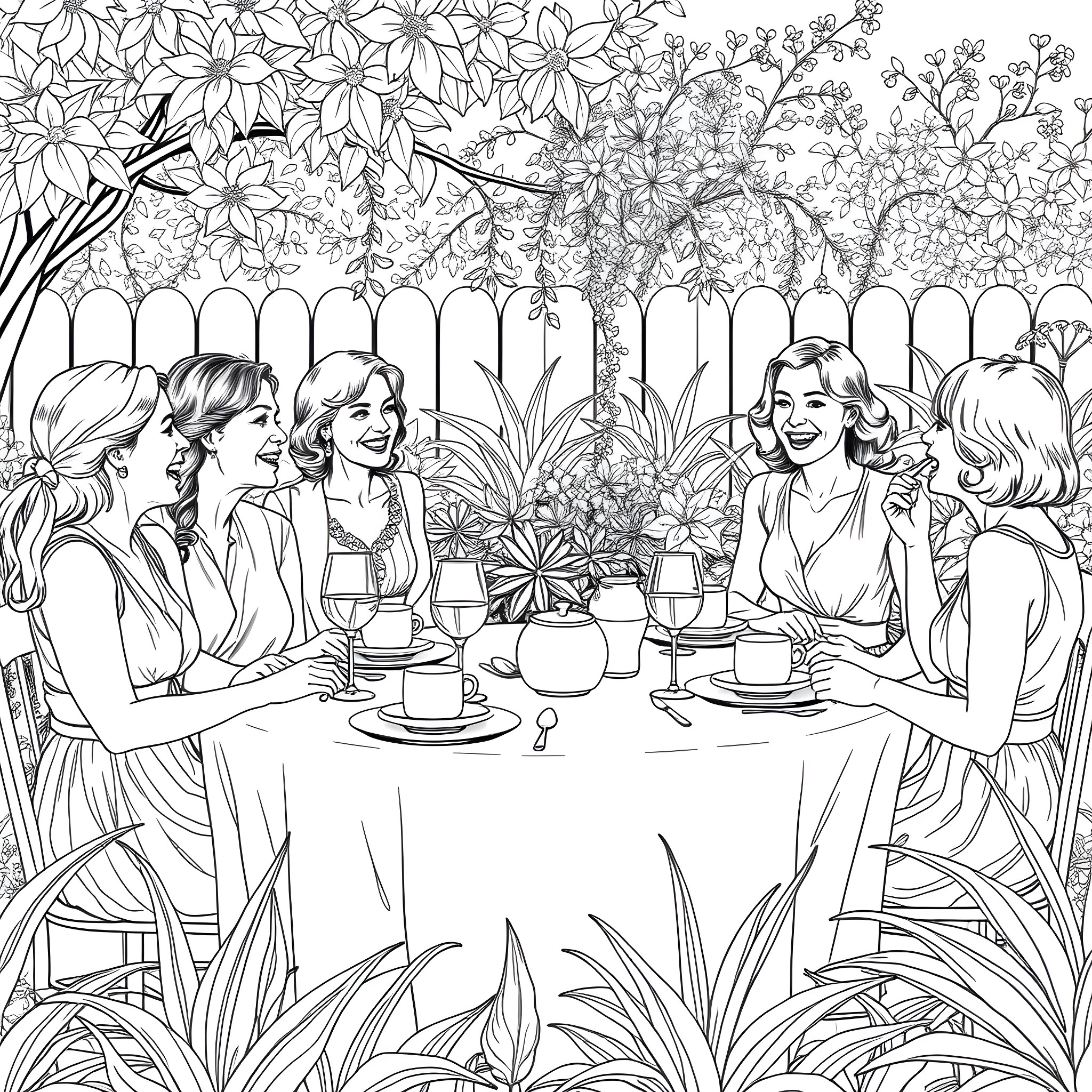 Girls enjoying tea and conversation in a garden Coloring Page (free black-and-white line drawing printable PDF for all, from beginners to advanced learners, including children, teens, adults, and seniors)