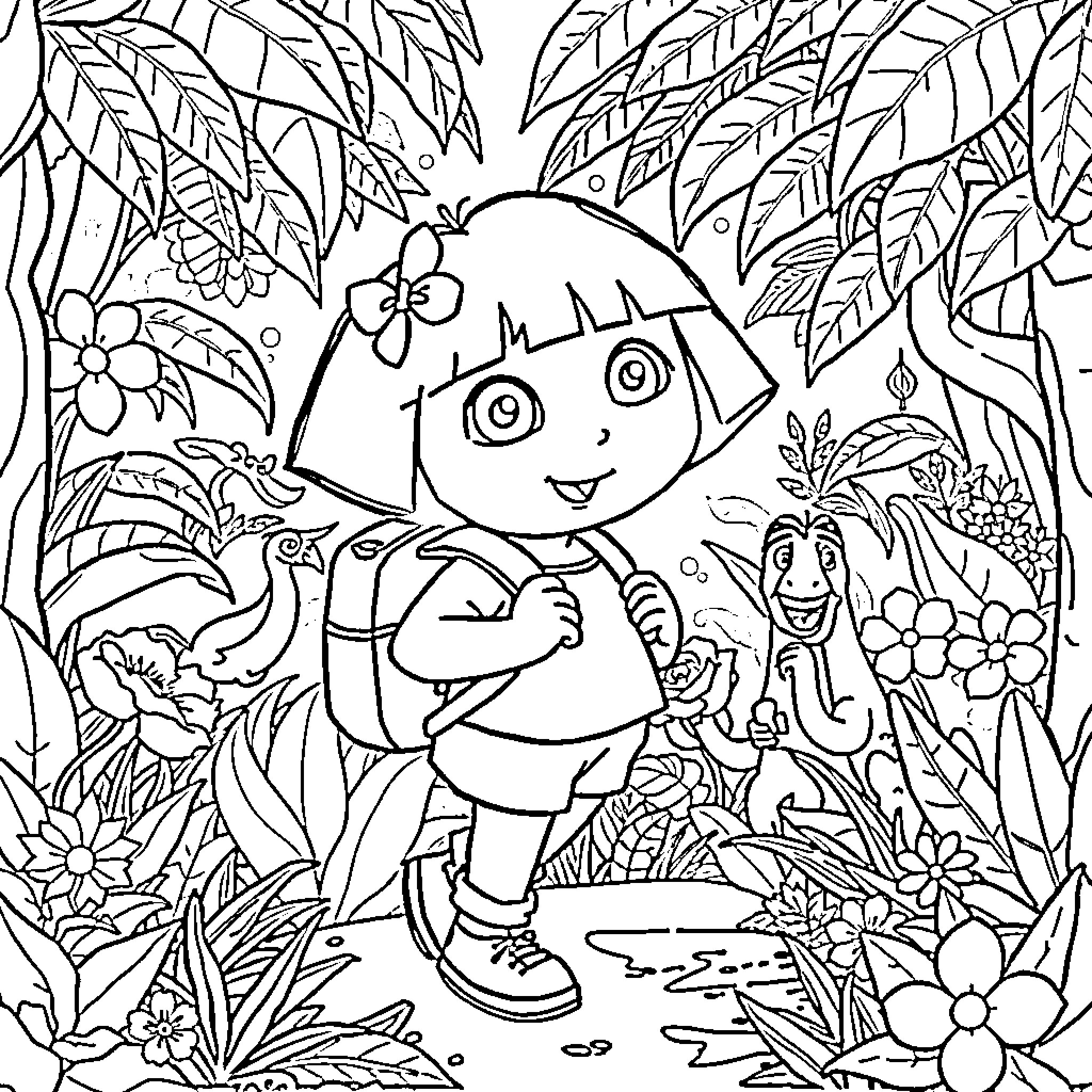 Dora's Jungle Adventure Coloring Page (free black-and-white line drawing printable PDF for all, from beginners to advanced learners, including children, teens, adults, and seniors)