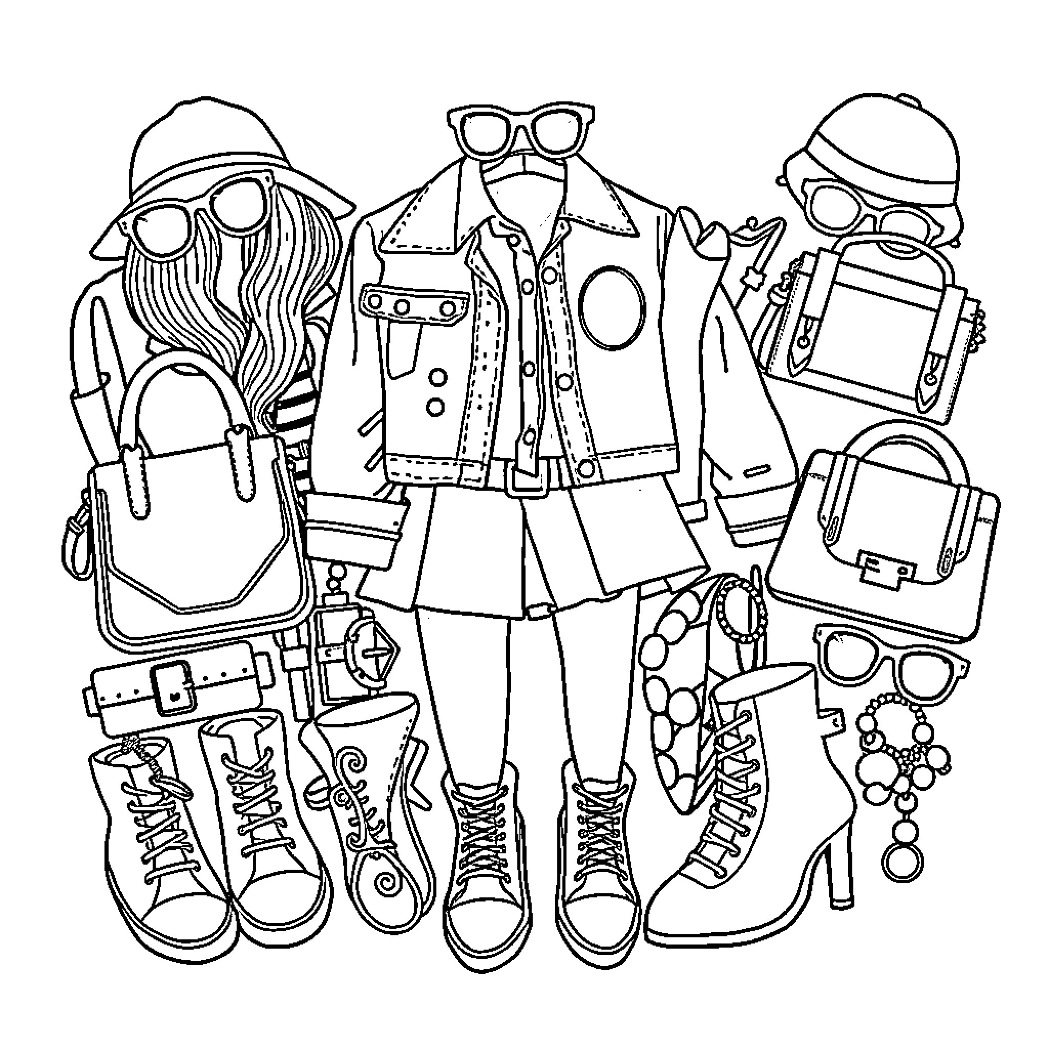 Girls' Stylish Outfits and Accessories Coloring Page (free black-and-white line drawing printable PDF for all, from beginners to advanced learners, including children, teens, adults, and seniors)