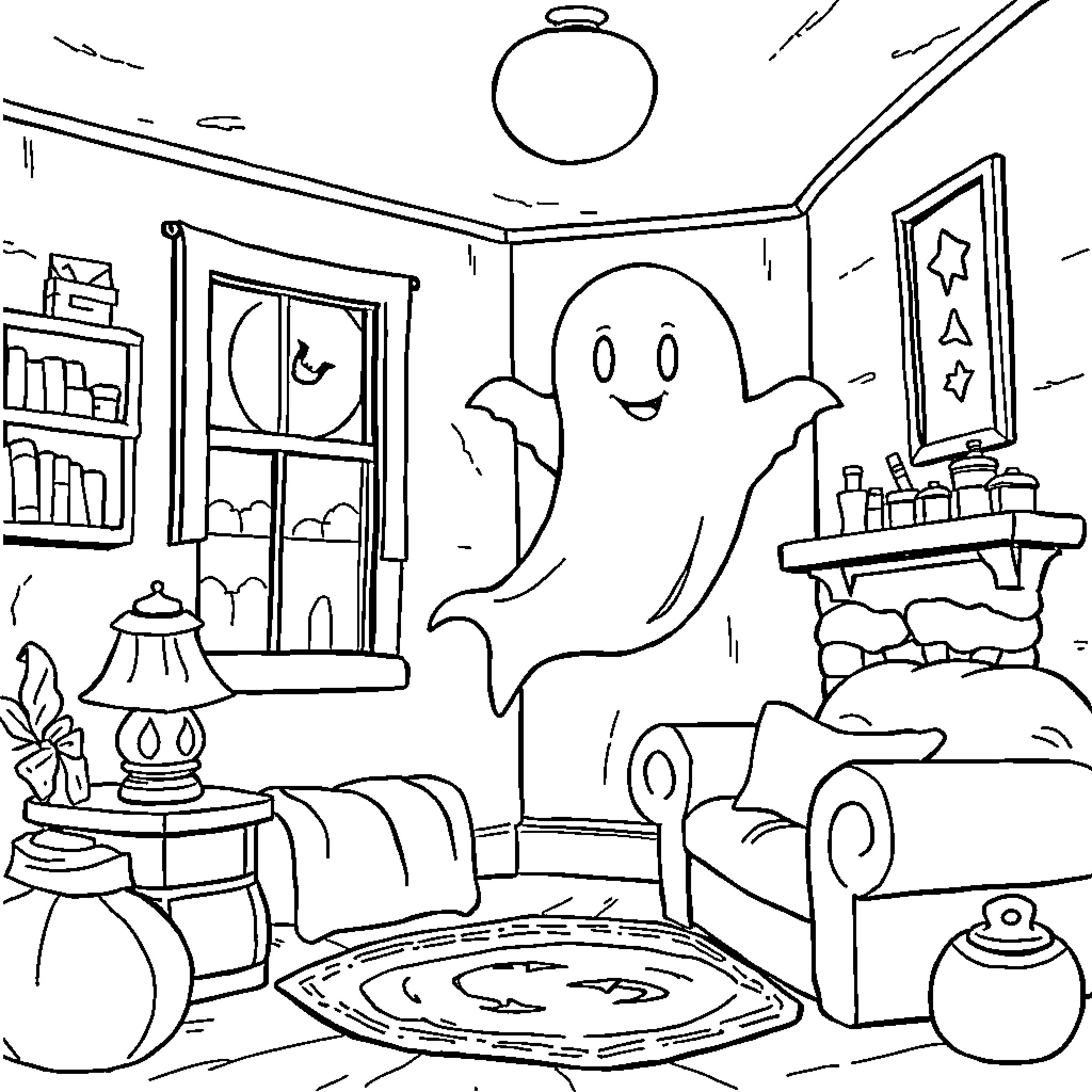Ghost playing and exploring a spooky room Coloring Page (free black-and-white line drawing printable PDF for all, from beginners to advanced learners, including children, teens, adults, and seniors)