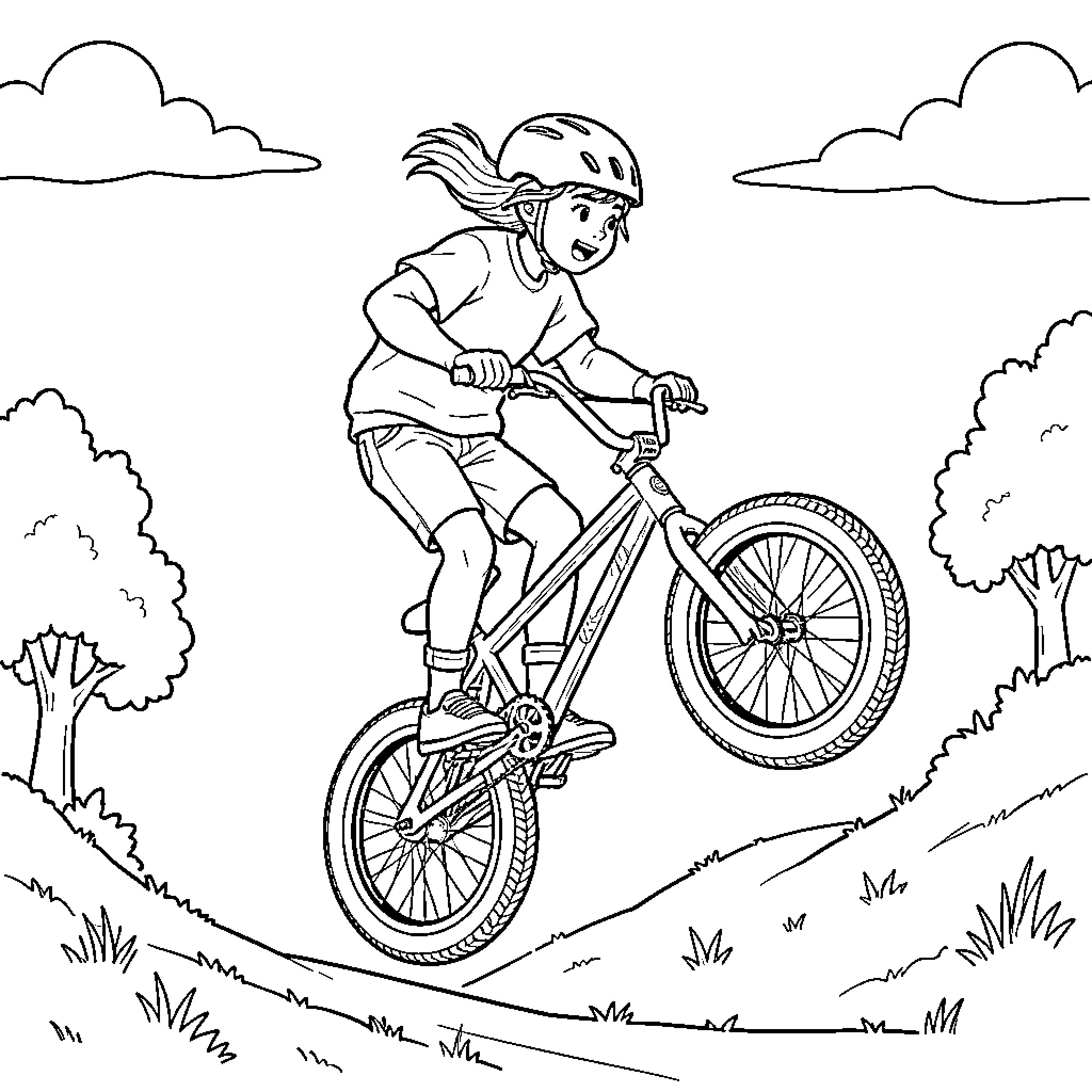 BMX rider performs stunts in nature Coloring Page (free black-and-white line drawing printable PDF for all, from beginners to advanced learners, including children, teens, adults, and seniors)
