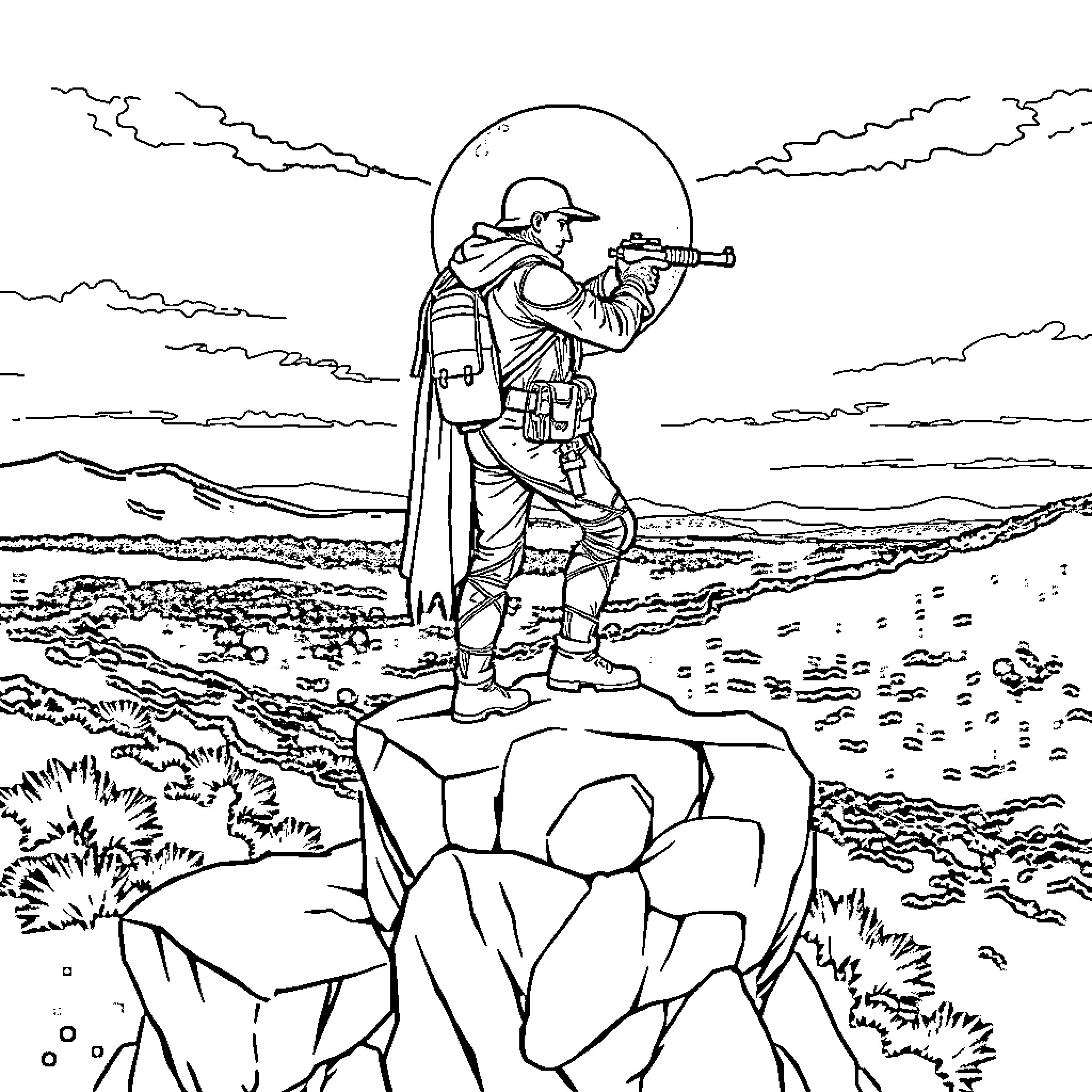 Soldier standing vigilant on rocky cliff Coloring Page (free black-and-white line drawing printable PDF for all, from beginners to advanced learners, including children, teens, adults, and seniors)