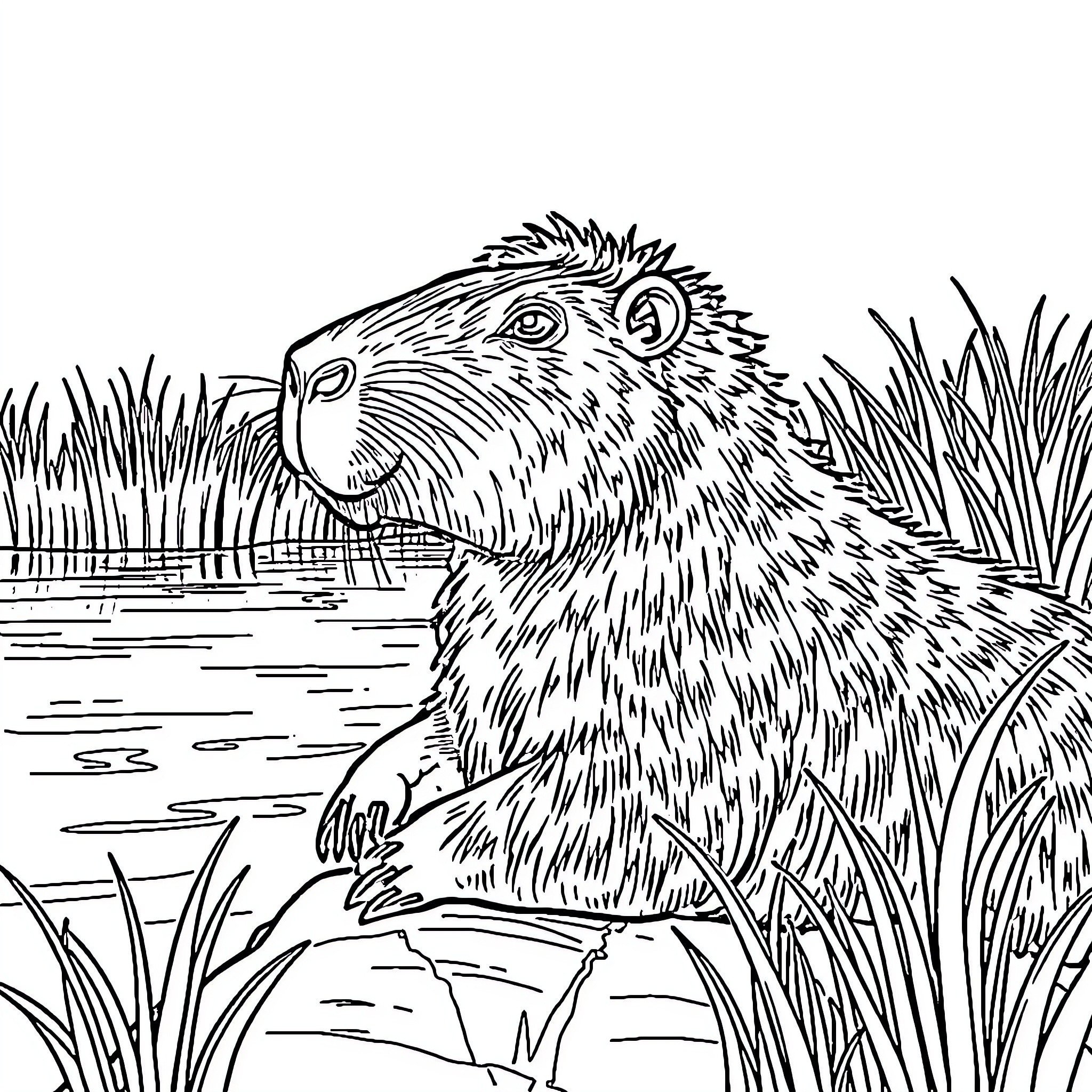 Capybara resting peacefully in the marsh Coloring Page (free black-and-white line drawing printable PDF for all, from beginners to advanced learners, including children, teens, adults, and seniors)