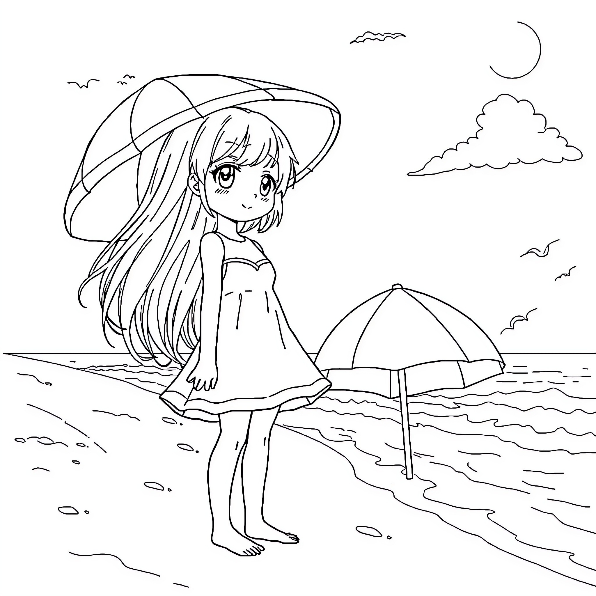 Anime Girl Exploring the Seaside Coloring Page (free black-and-white line drawing printable PDF for all, from beginners to advanced learners, including children, teens, adults, and seniors)