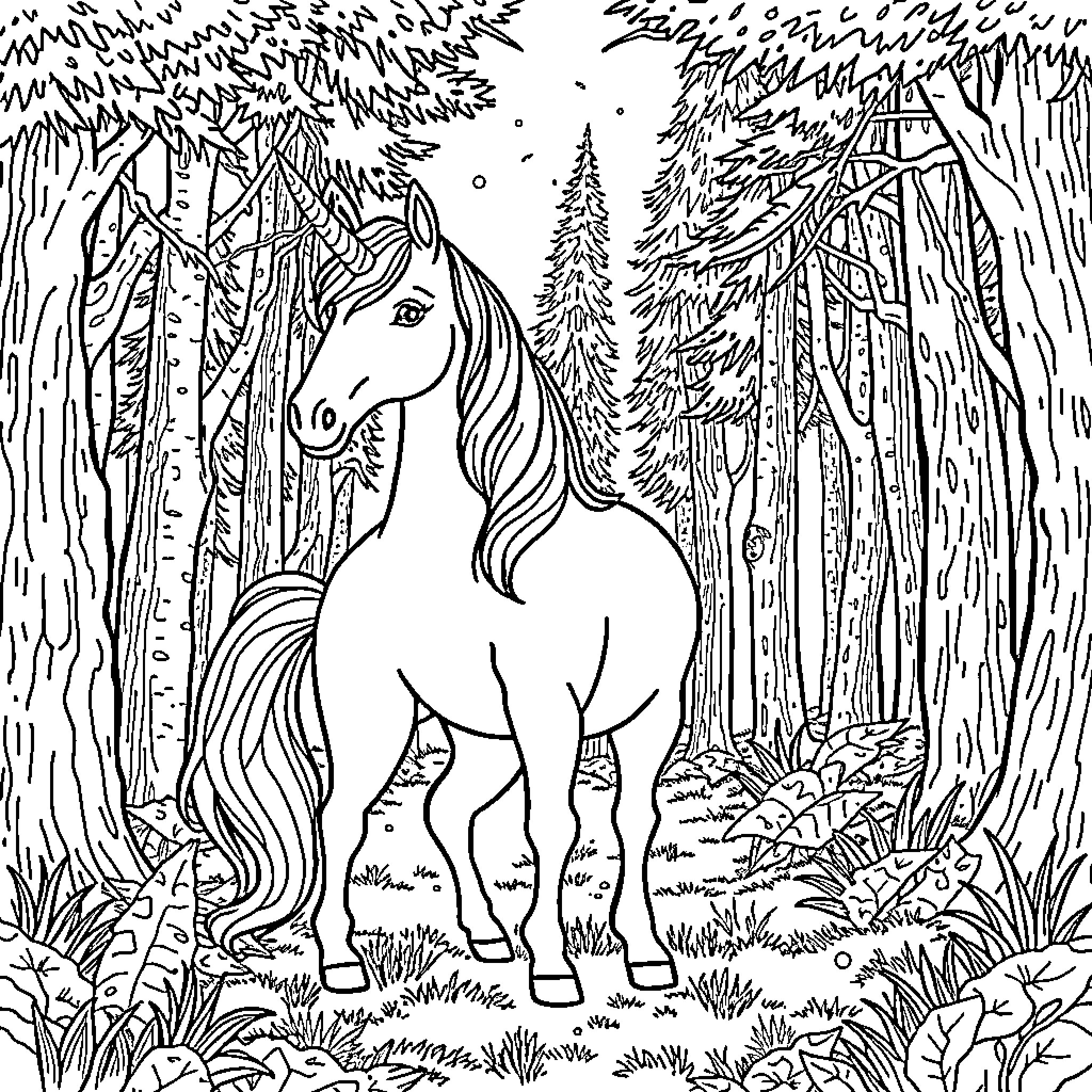 Unicorn standing amidst enchanted forest Coloring Page (free black-and-white line drawing printable PDF for all, from beginners to advanced learners, including children, teens, adults, and seniors)