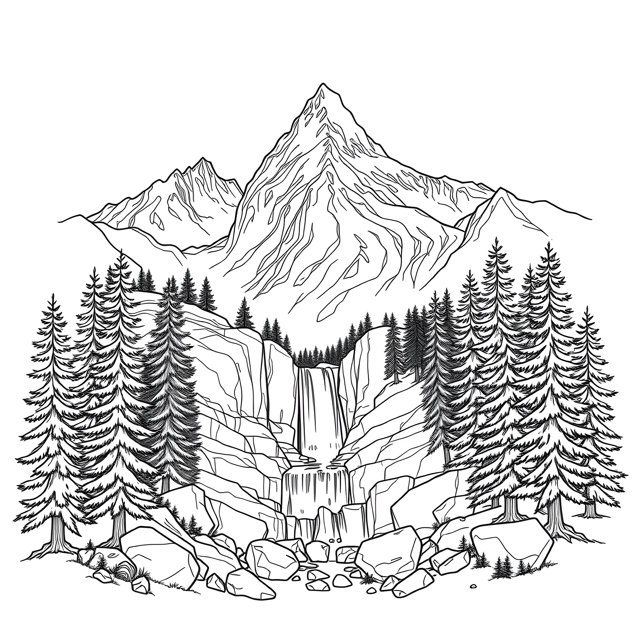 Mountain landscape with waterfall and pine trees Coloring Page (free black-and-white line drawing printable PDF for all, from beginners to advanced learners, including children, teens, adults, and seniors)