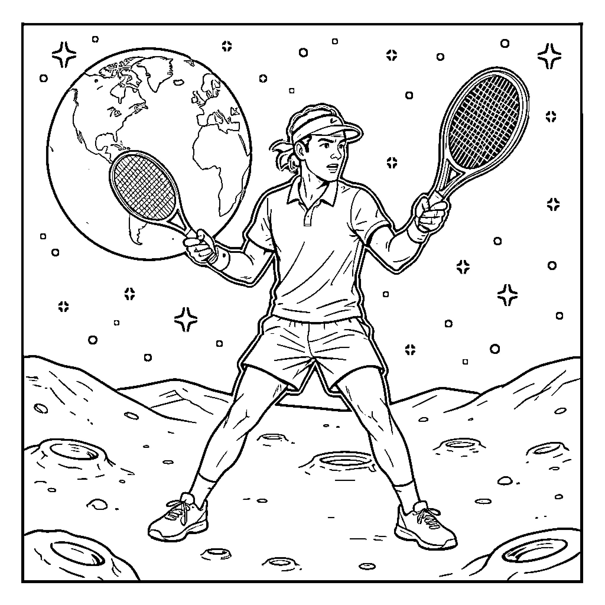 Rafael Nadal playing tennis on the moon Coloring Page (free black-and-white line drawing printable PDF for all, from beginners to advanced learners, including children, teens, adults, and seniors)