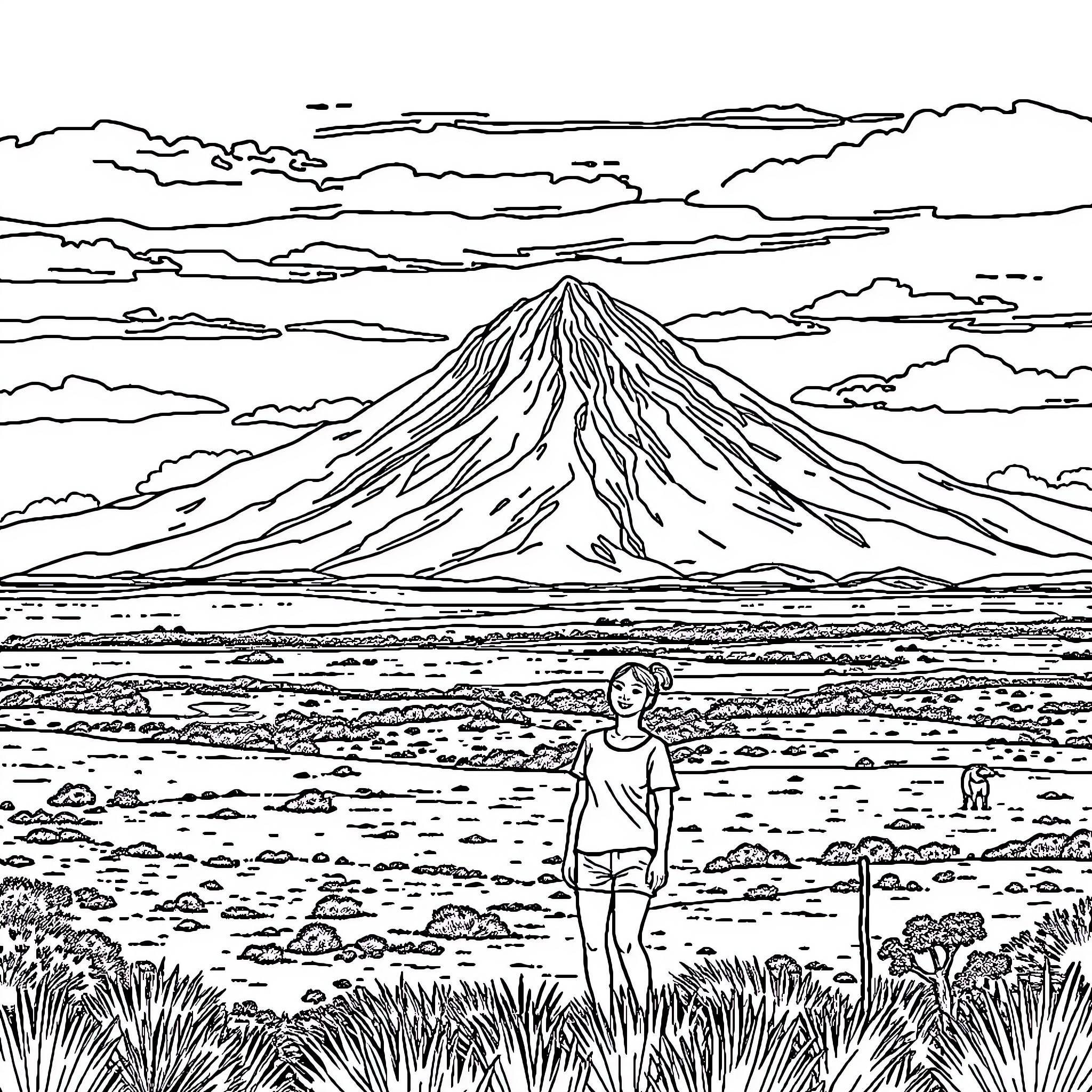 Mountain landscape with person in the foreground Coloring Page (free black-and-white line drawing printable PDF for all, from beginners to advanced learners, including children, teens, adults, and seniors)