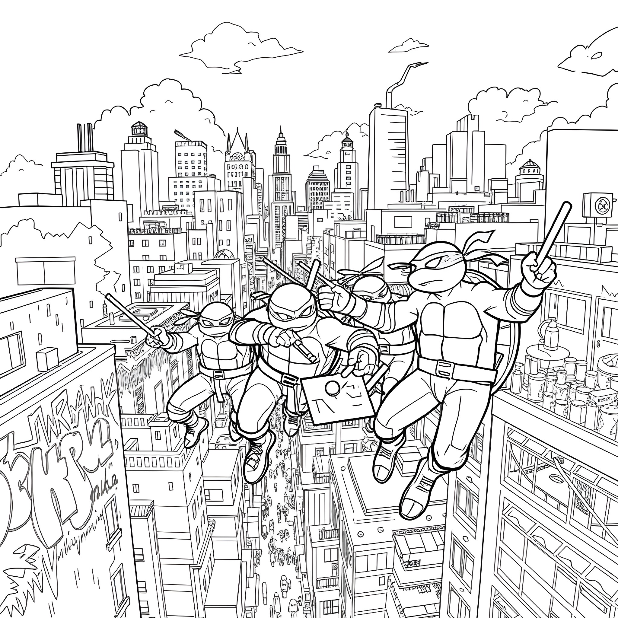 Ninja Turtles in Action Against the City Skyline Coloring Page (free black-and-white line drawing printable PDF for all, from beginners to advanced learners, including children, teens, adults, and seniors)