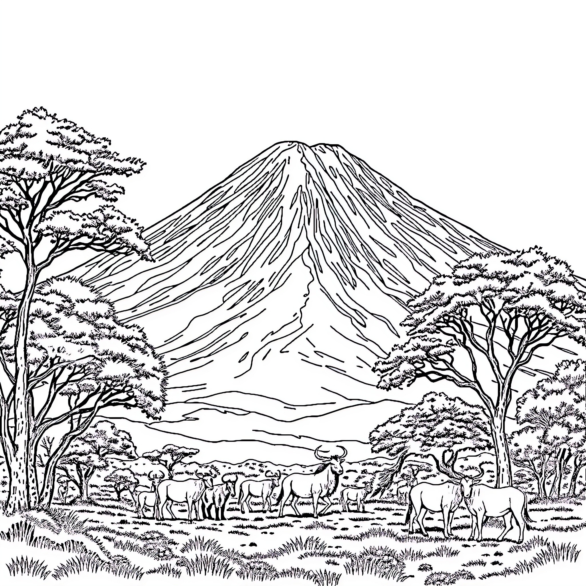 Mountain landscape with grazing animals Coloring Page (free black-and-white line drawing printable PDF for all, from beginners to advanced learners, including children, teens, adults, and seniors)