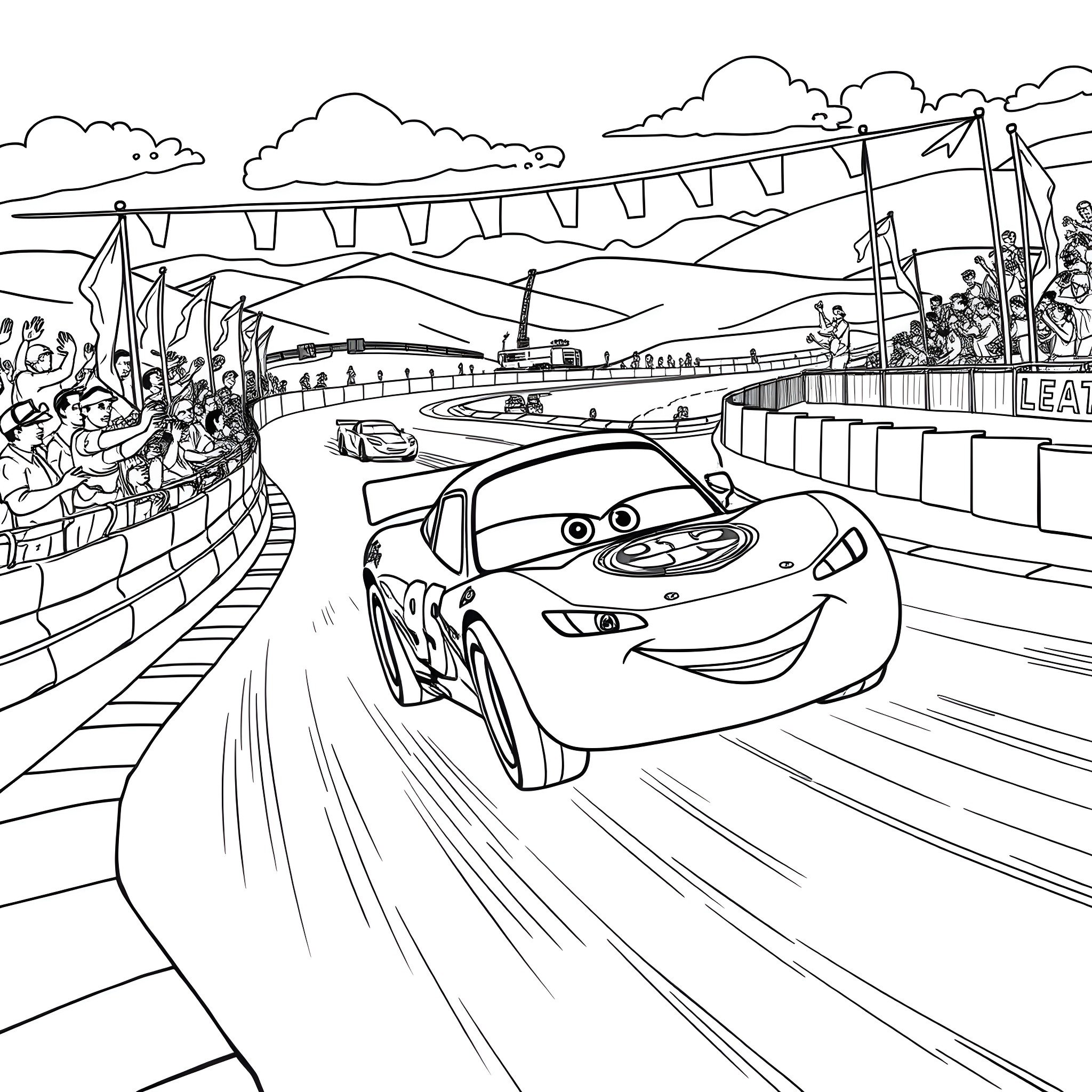 Bluey's Exciting Race on the Track Coloring Page (free black-and-white line drawing printable PDF for all, from beginners to advanced learners, including children, teens, adults, and seniors)