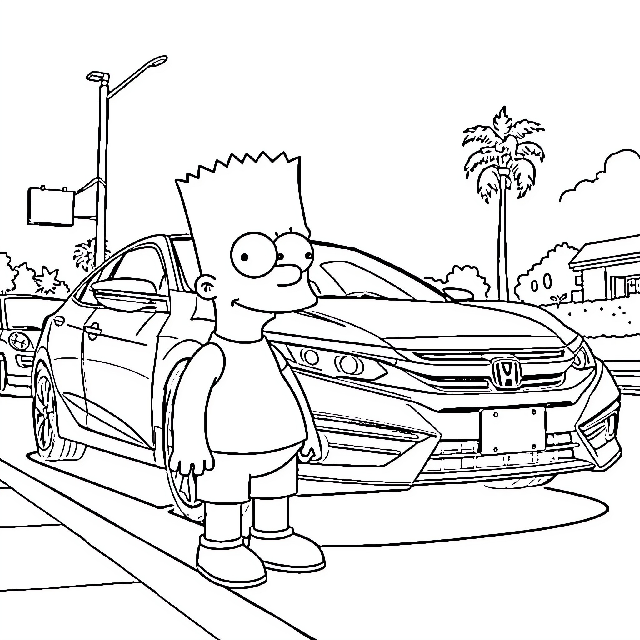 Bart Simpson exploring a modern car in the city Coloring Page (free black-and-white line drawing printable PDF for all, from beginners to advanced learners, including children, teens, adults, and seniors)